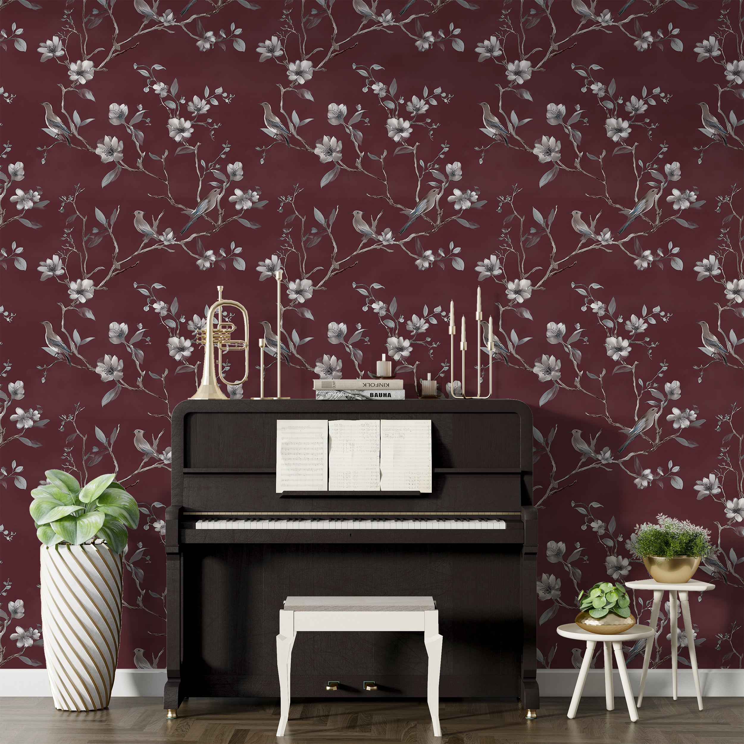 Vintage flower and bird design for walls

Floral bird wall covering in soft neutral tones