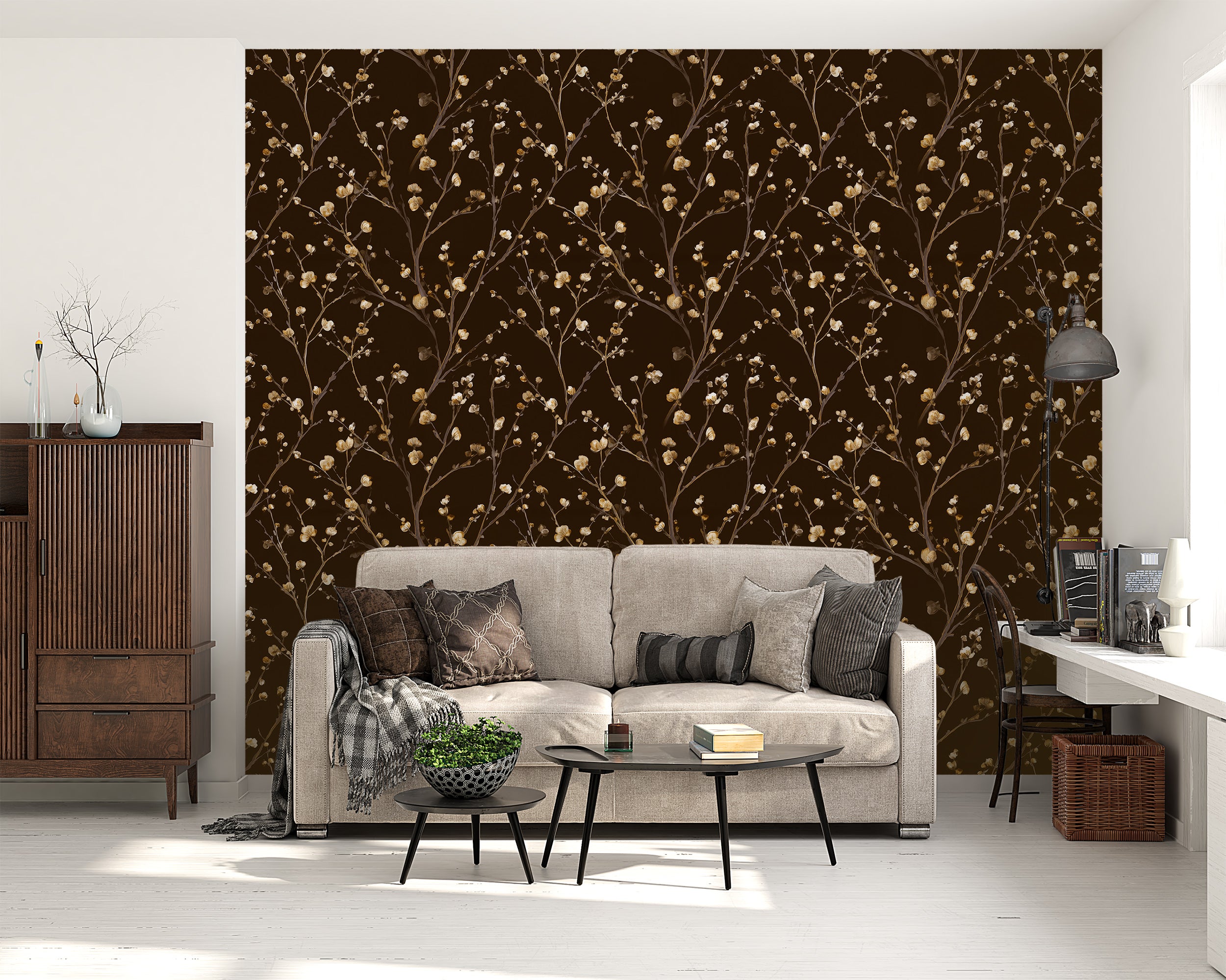 Minimalist nature inspired wallpaper

Vintage style golden floral wall covering