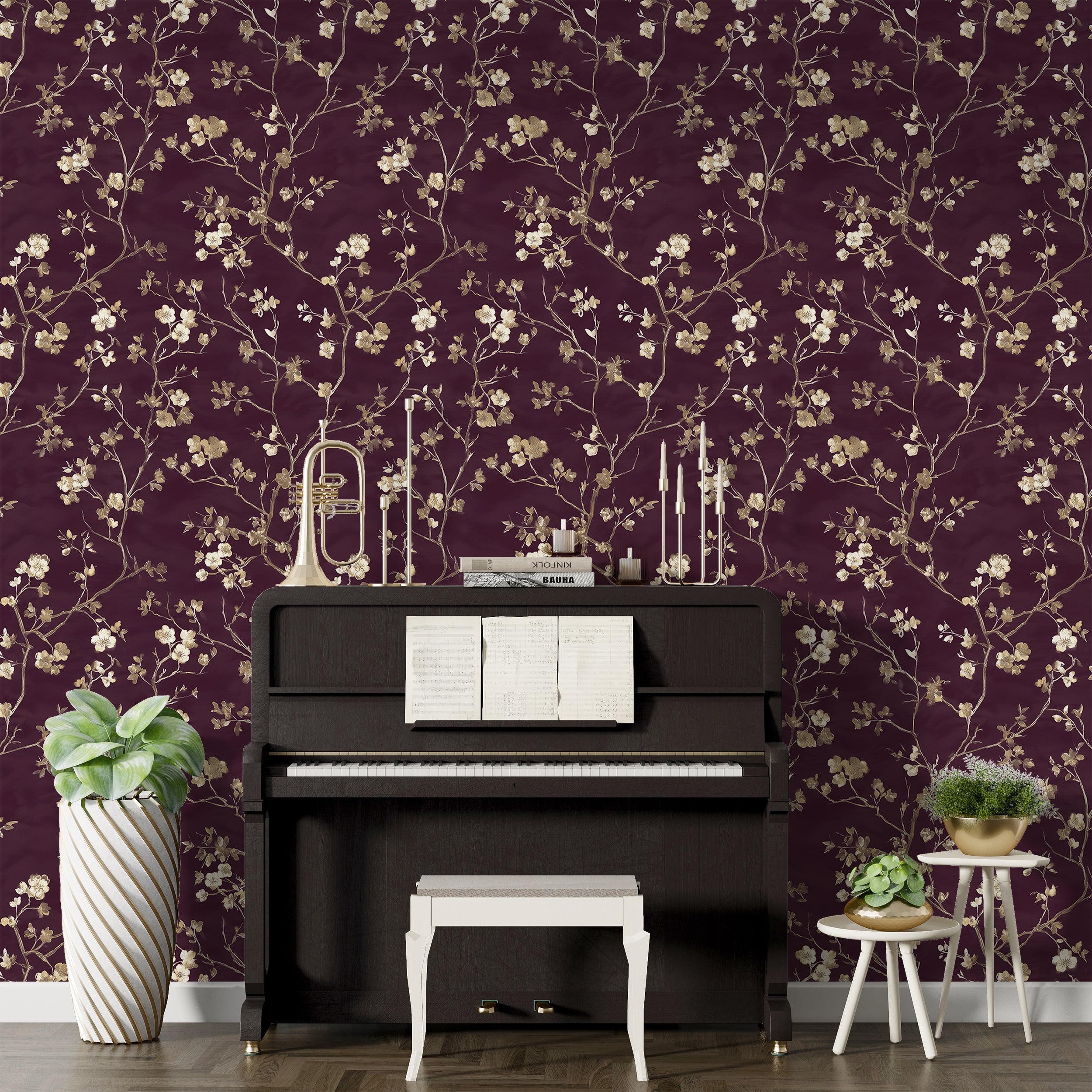 Burgundy Botanical Wallpaper With Gold Flowering Branches and Blossoms in Chinoiserie Style
