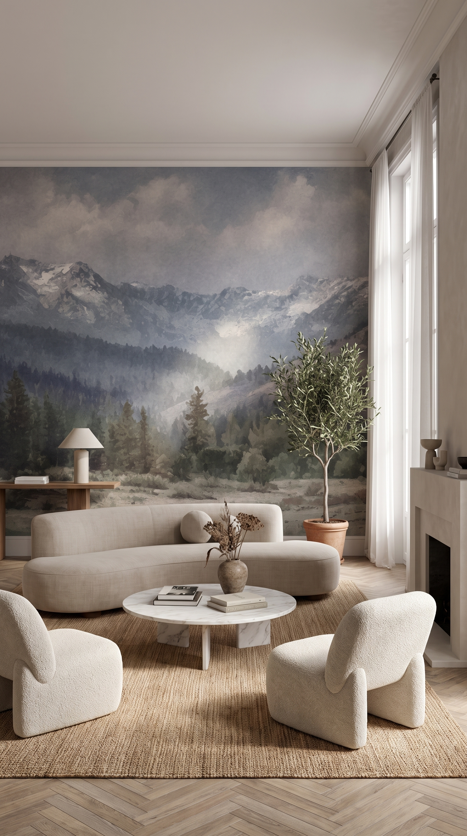 alpine forest mountain wall mural moody landscape
pine valley scenic wallpaper neutral mountain decor