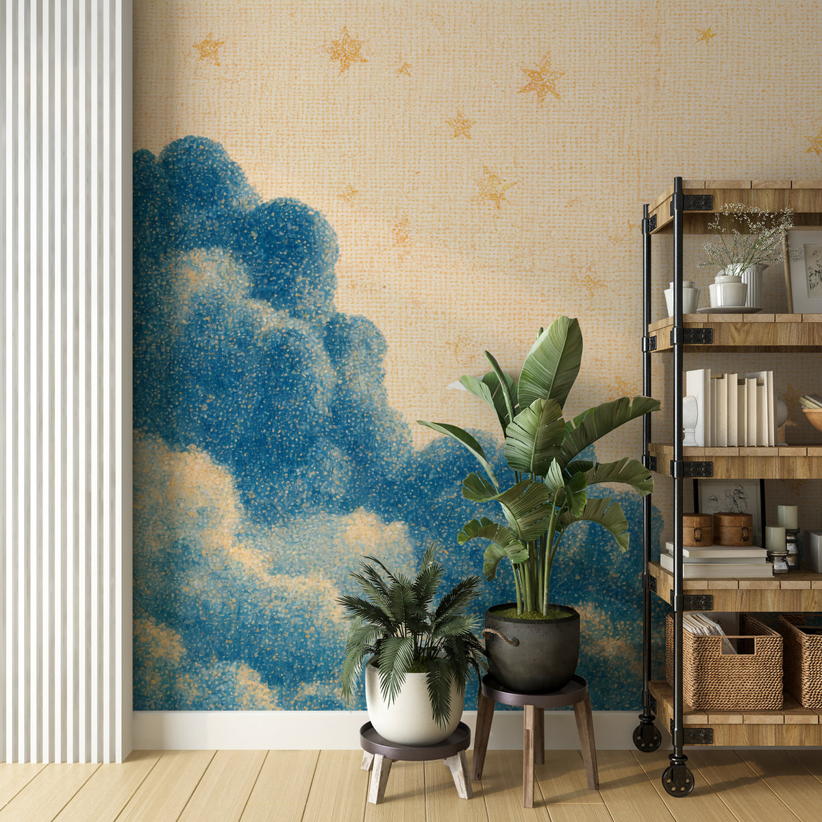 vintage blue celestial wallpaper with clouds
antique fabric inspired moon and stars mural