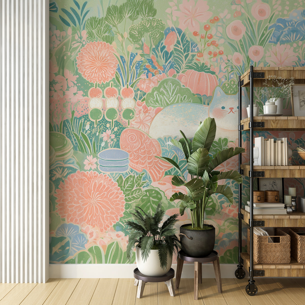 colorful kawaii botanical wallpaper with cat and matcha
Japanese inspired floral wallpaper with tea bowls
