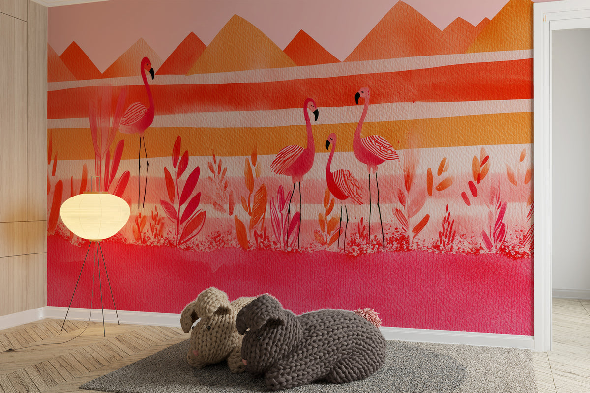 Pink Flamingo Wall Mural Orange Tropical Bird Mountain Landscape Watercolor Art Deco Kids Wallpaper Maximalist Nature Mural