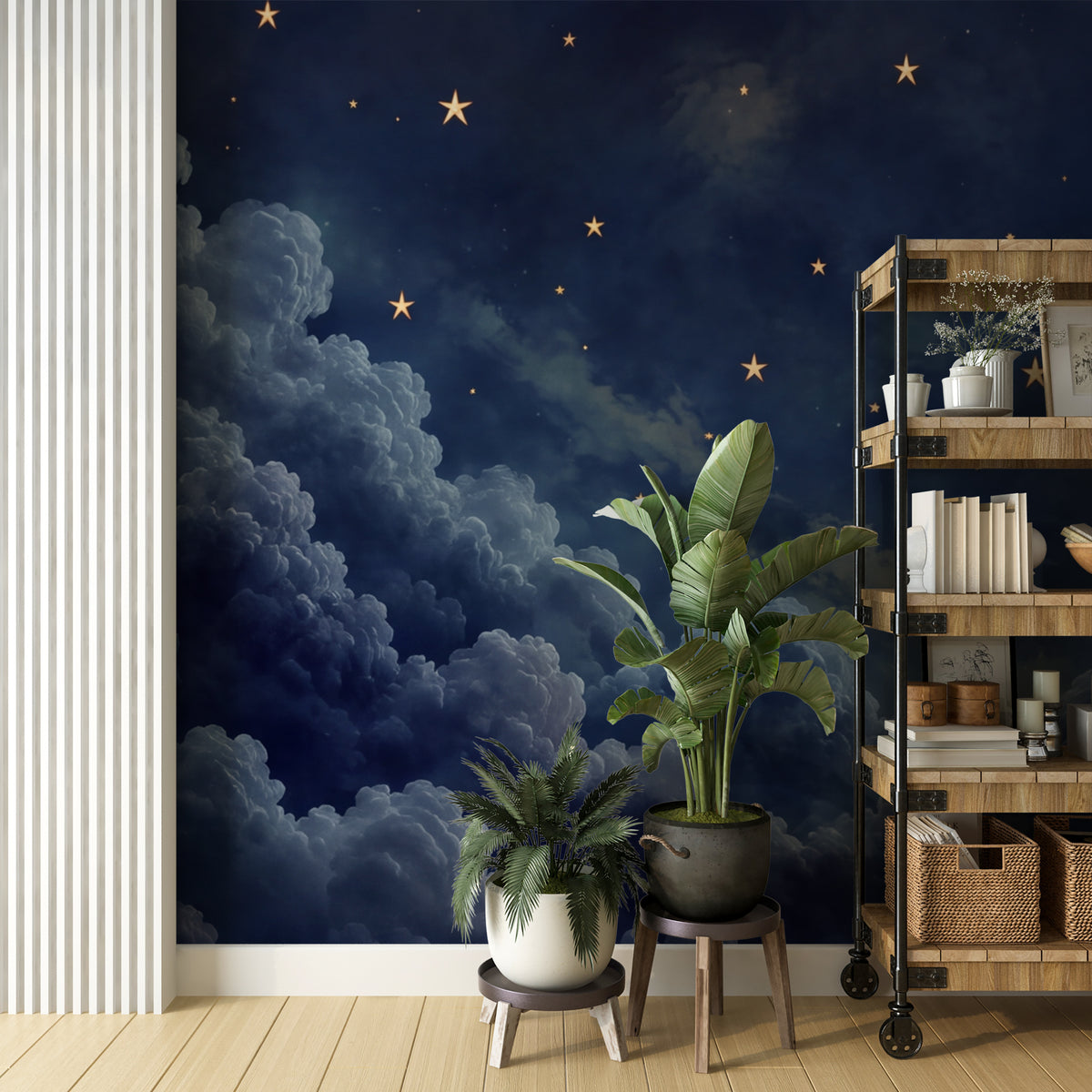Magical moon and stars wallpaper with painterly clouds
Navy blue celestial wallpaper with crescent moon starry sky and clouds