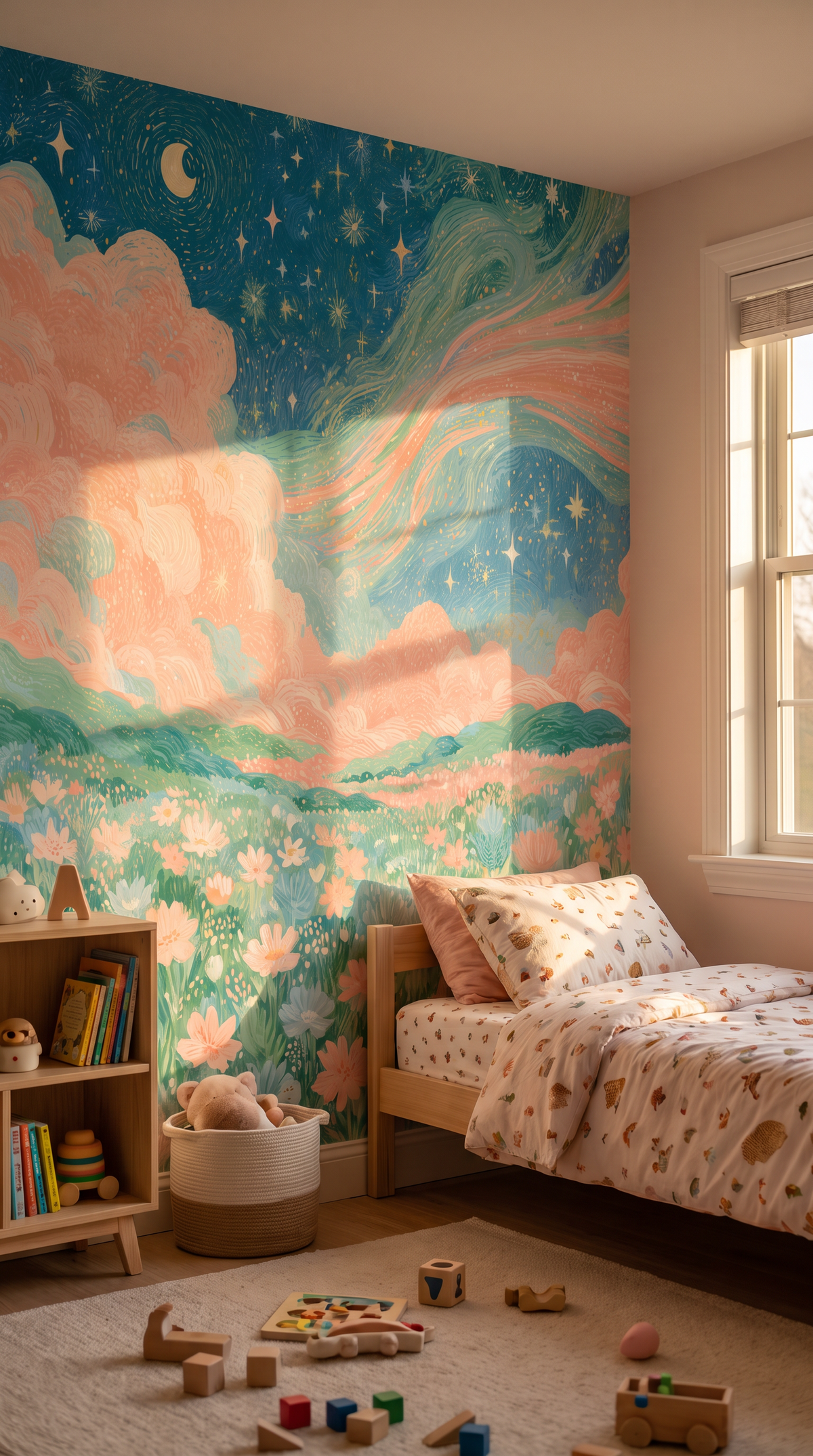 Pastel starry sky wall mural with pink clouds and crescent moon
Celestial cloudscape wallpaper with stars moon and pastel landscape