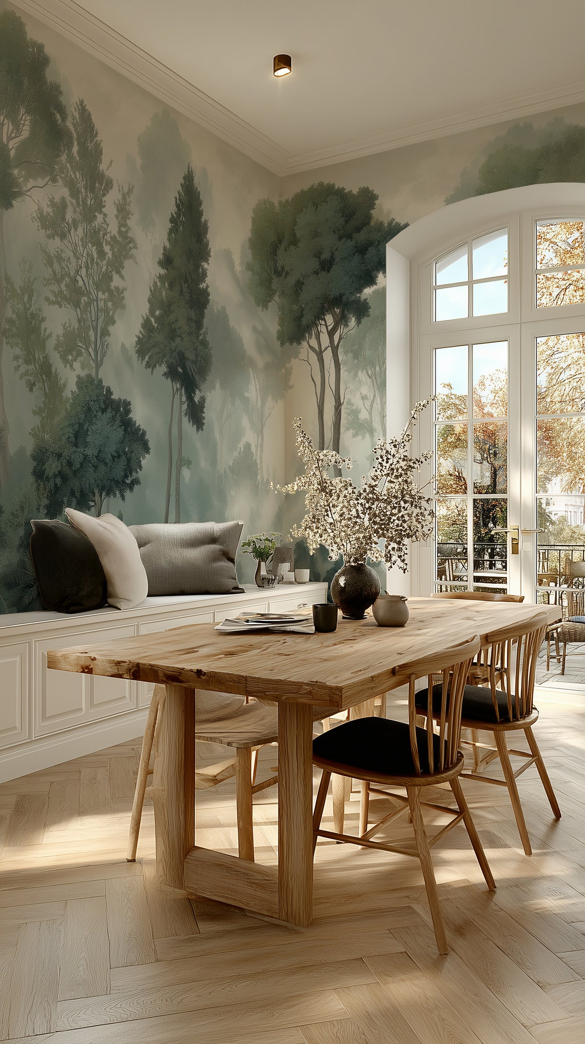 Misty forest wall mural with green trees and foggy woodland landscape
Green forest wallpaper mural with layered trees and soft mist