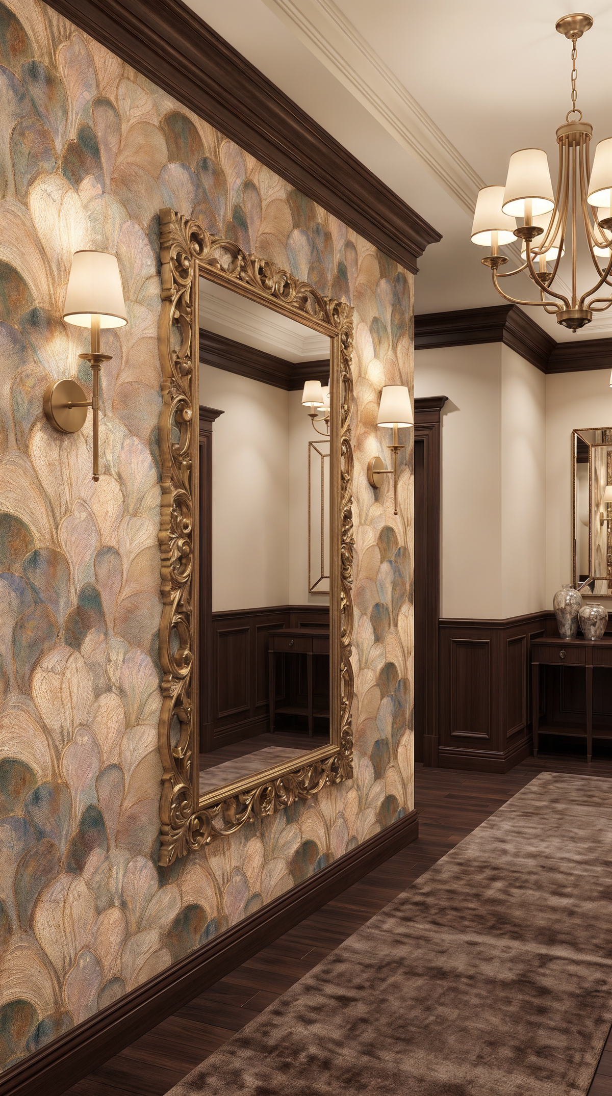 Iridescent mosaic leaf wallpaper with metallic gold detailing
Art Nouveau botanical wallpaper with iridescent leaf pattern