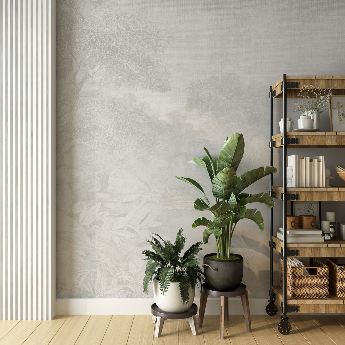 Neutral Wall Mural With White Trees And Soft Grey Landscape