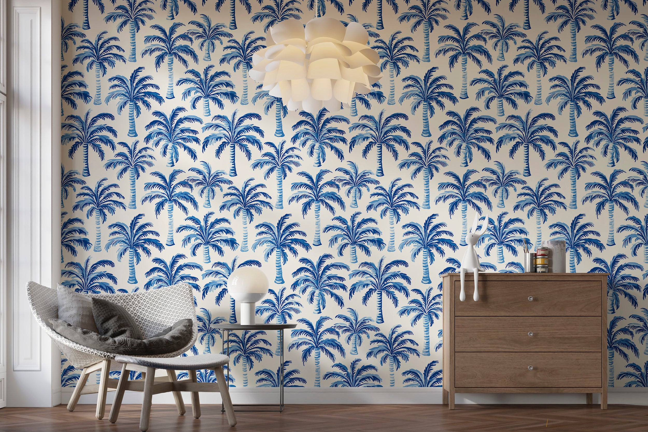 Blue and White Coastal Wallpaper, Palm Trees Pattern Wallpaper, Peel and Stick Tropical Wall Decor