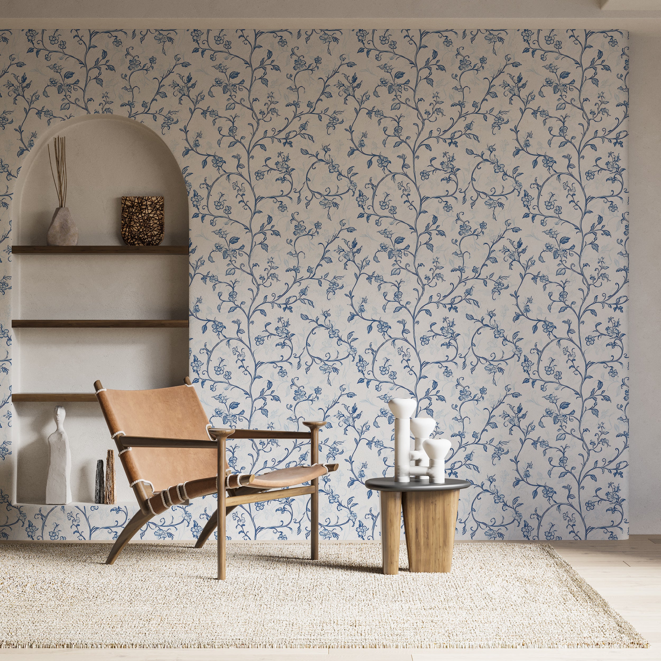 Delicate Blue Branches Wallpaper, Toil de Jouy Botanical Wall Decor, Peel and Stick Blue and White Classic Wallpaper