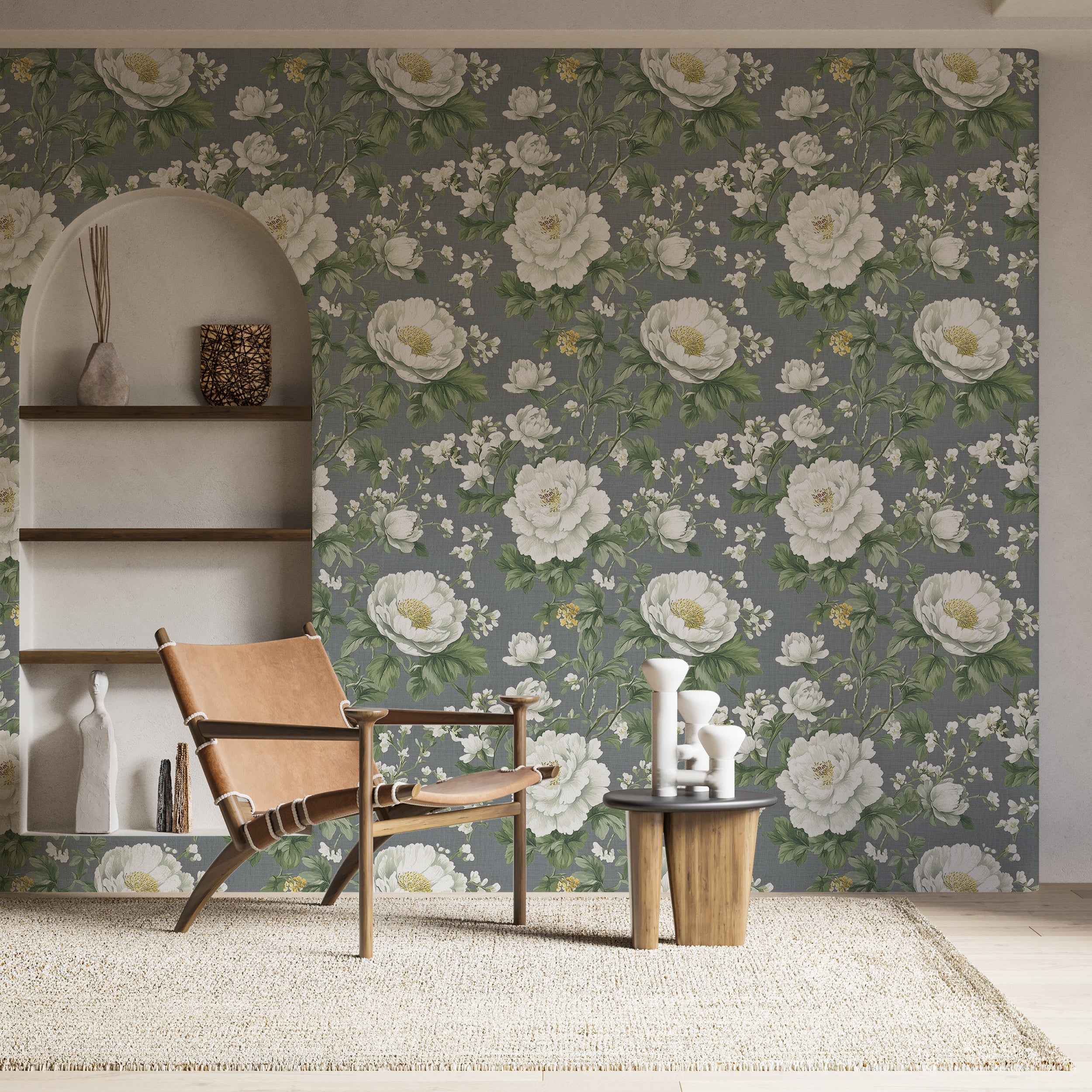 Elegant white and grey flower wallpaper for dining rooms
Vintage-inspired floral wallpaper with a modern twist