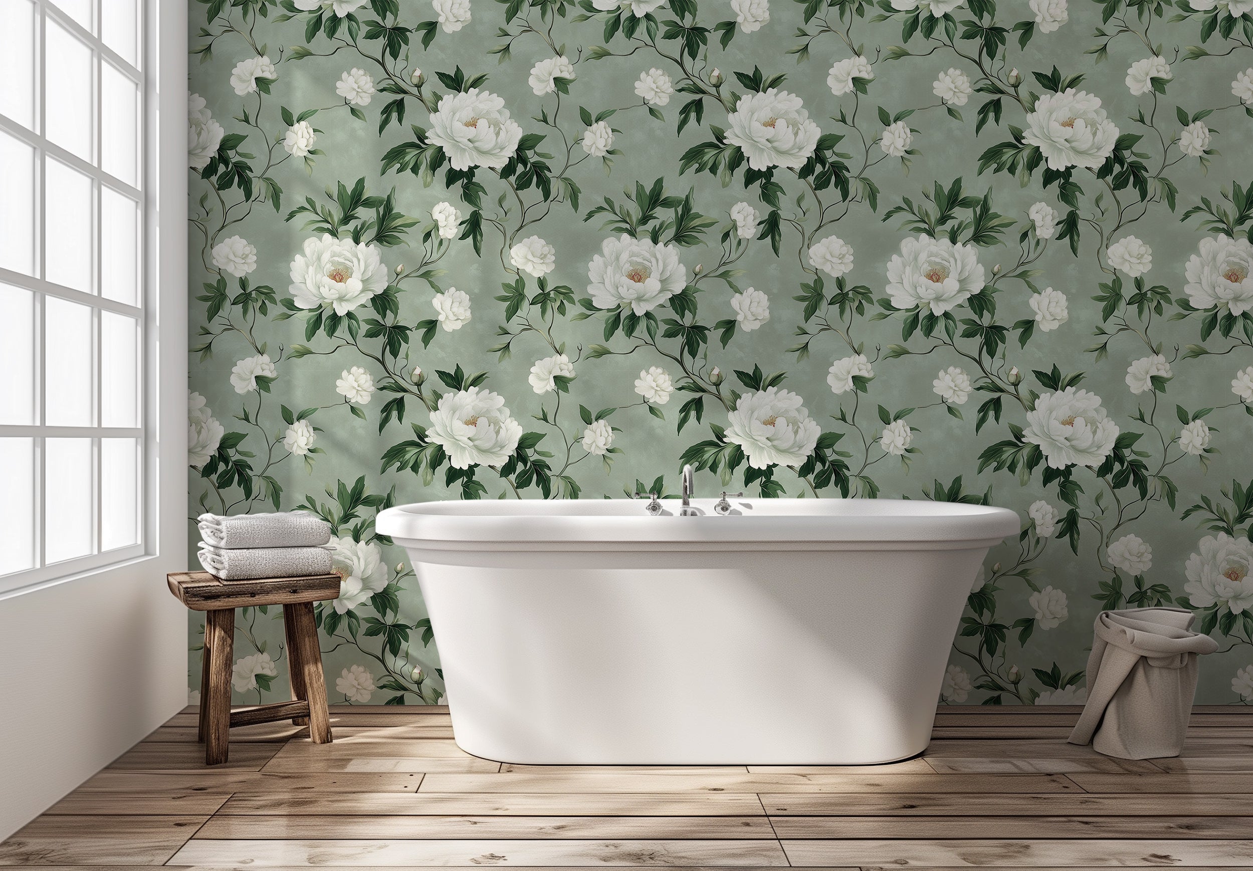 Green Floral Wallpaper, White Flowers on Green Plaster Background Wall Decor, Peel and Stick Vintage Botanical Wallpaper