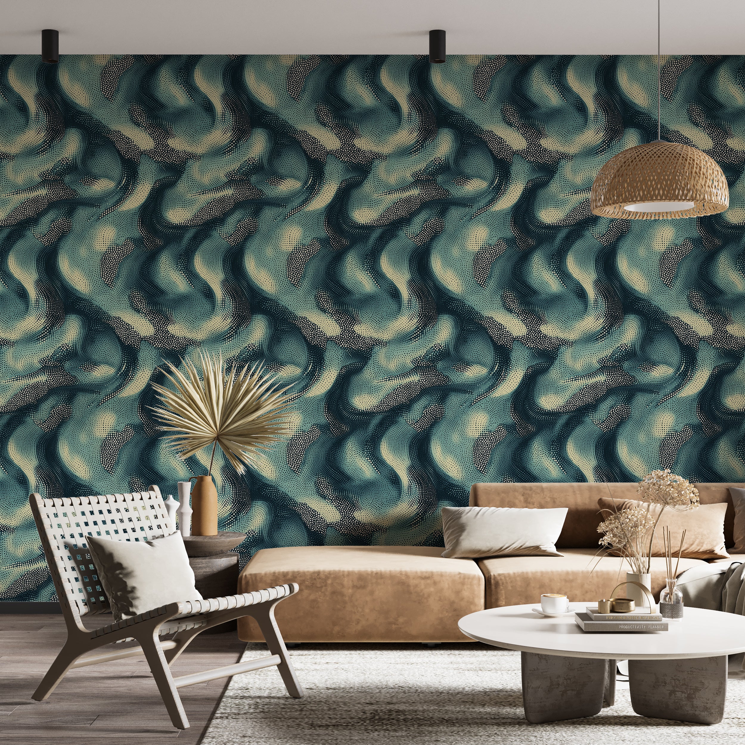 Abstract Wavy Pattern Wallpaper, Ocean Colors Modern Wall Decor, Peel and Stick Blue Wallpaper with Beige Dots