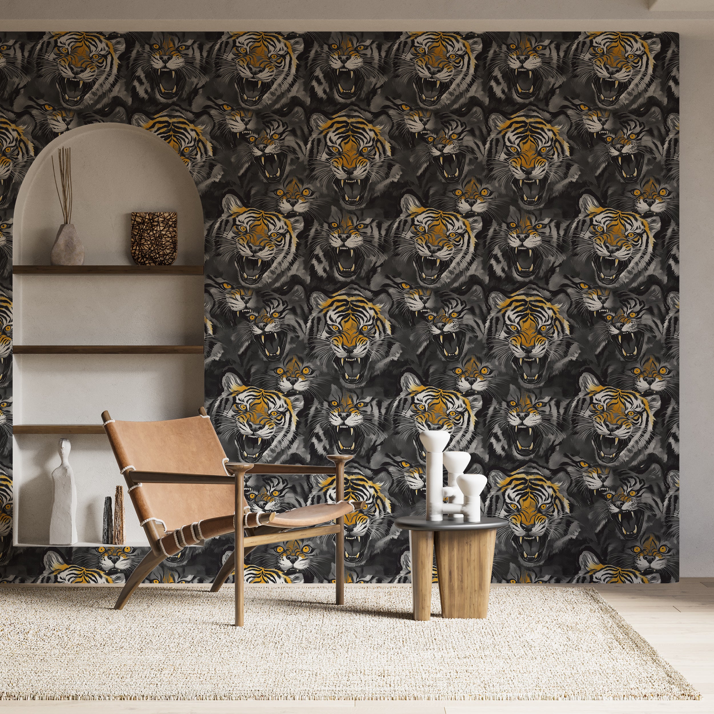 Orange and grey tiger print wallpaper for creative spaces
Peel and stick tiger head pattern for accent walls