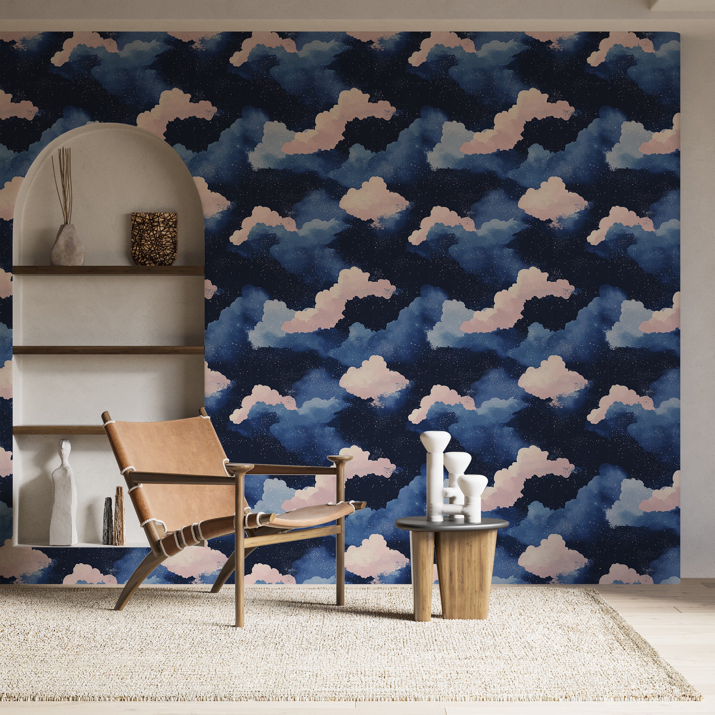 Starry Night Wallpaper, Dark Blue and Pink Clouds Wallpaper, Peel and Stick Cloudy Sky Nursery Wall Decor