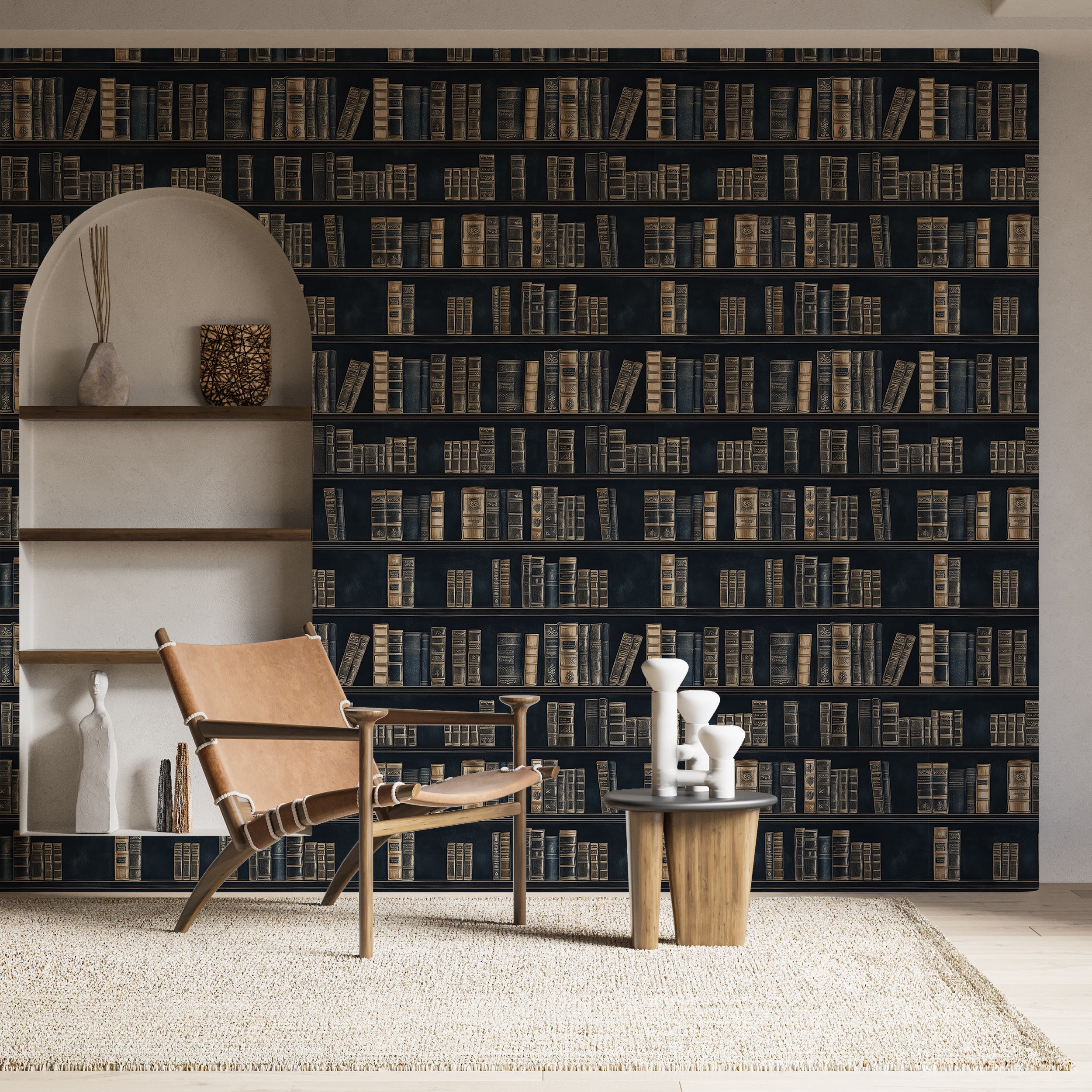 Book shelf pattern wallpaper for Dark Academy decor
Peel and stick dark blue books wallpaper for study rooms