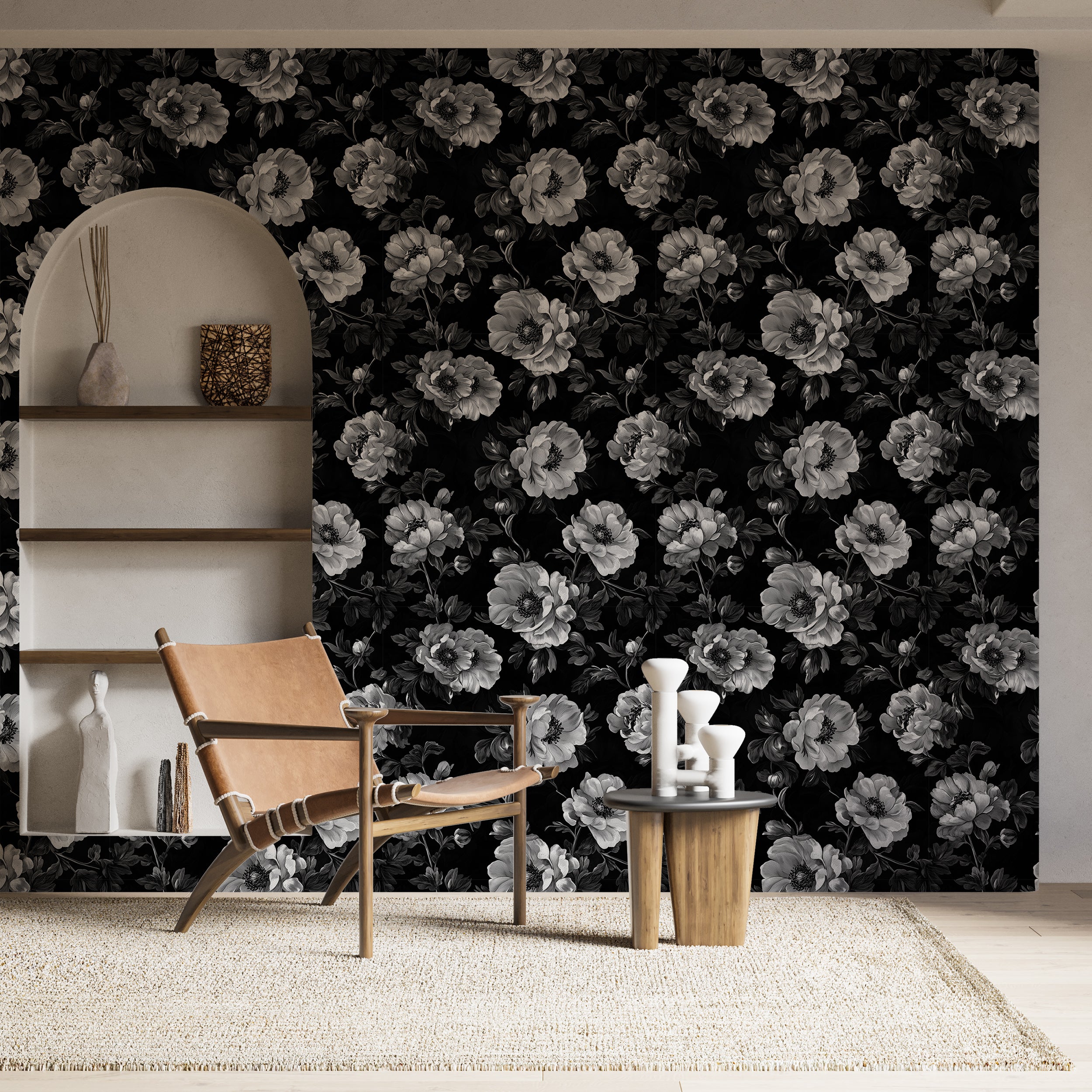 Black and White Floral Wallpaper, Vintage Flower Pattern Monochrome Wallpaper, Peel and Stick Dark Botanical Art