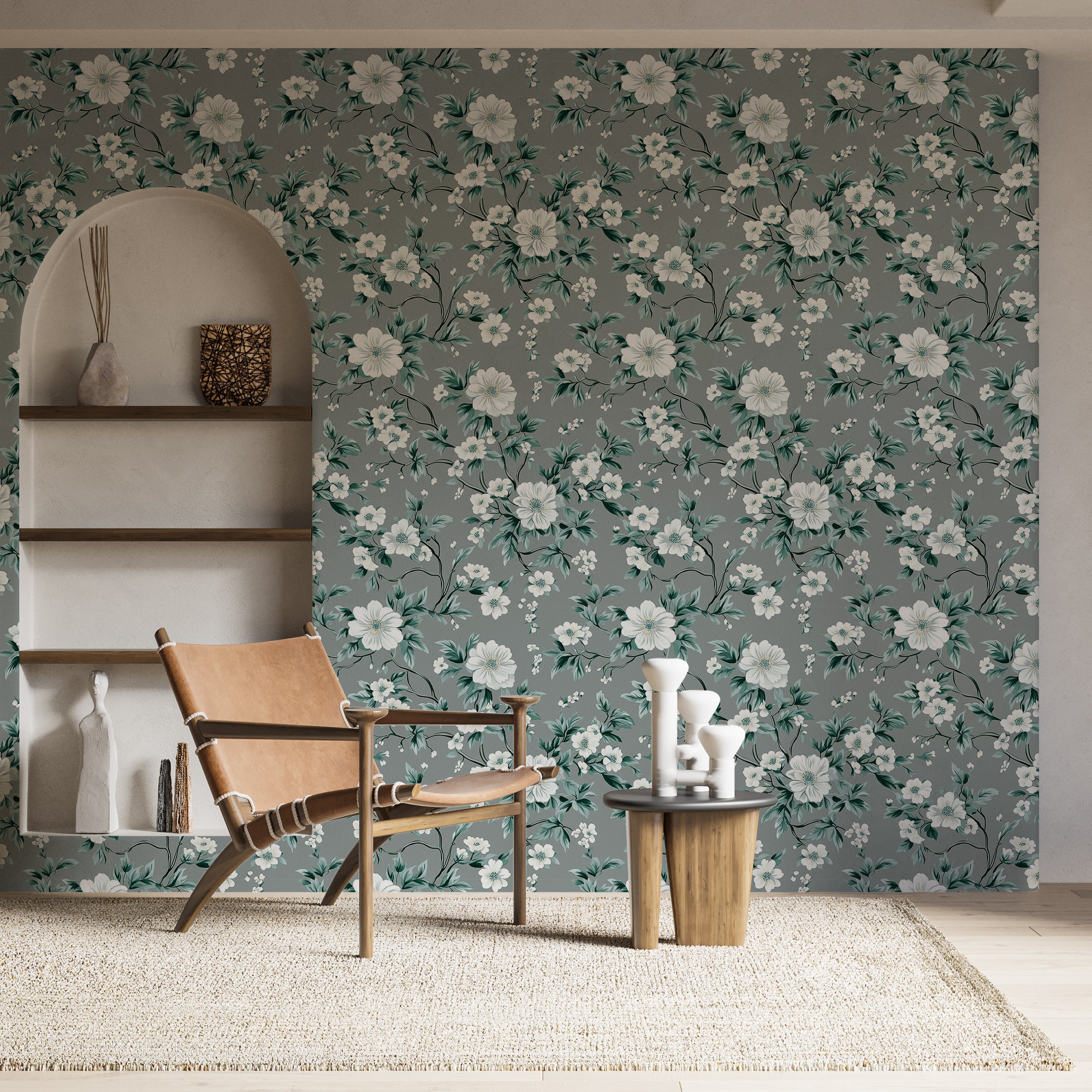 Grey Floral Wallpaper, White and Green Botanical Wall Decor, Peel and Stick Retro Floral Wallpaper