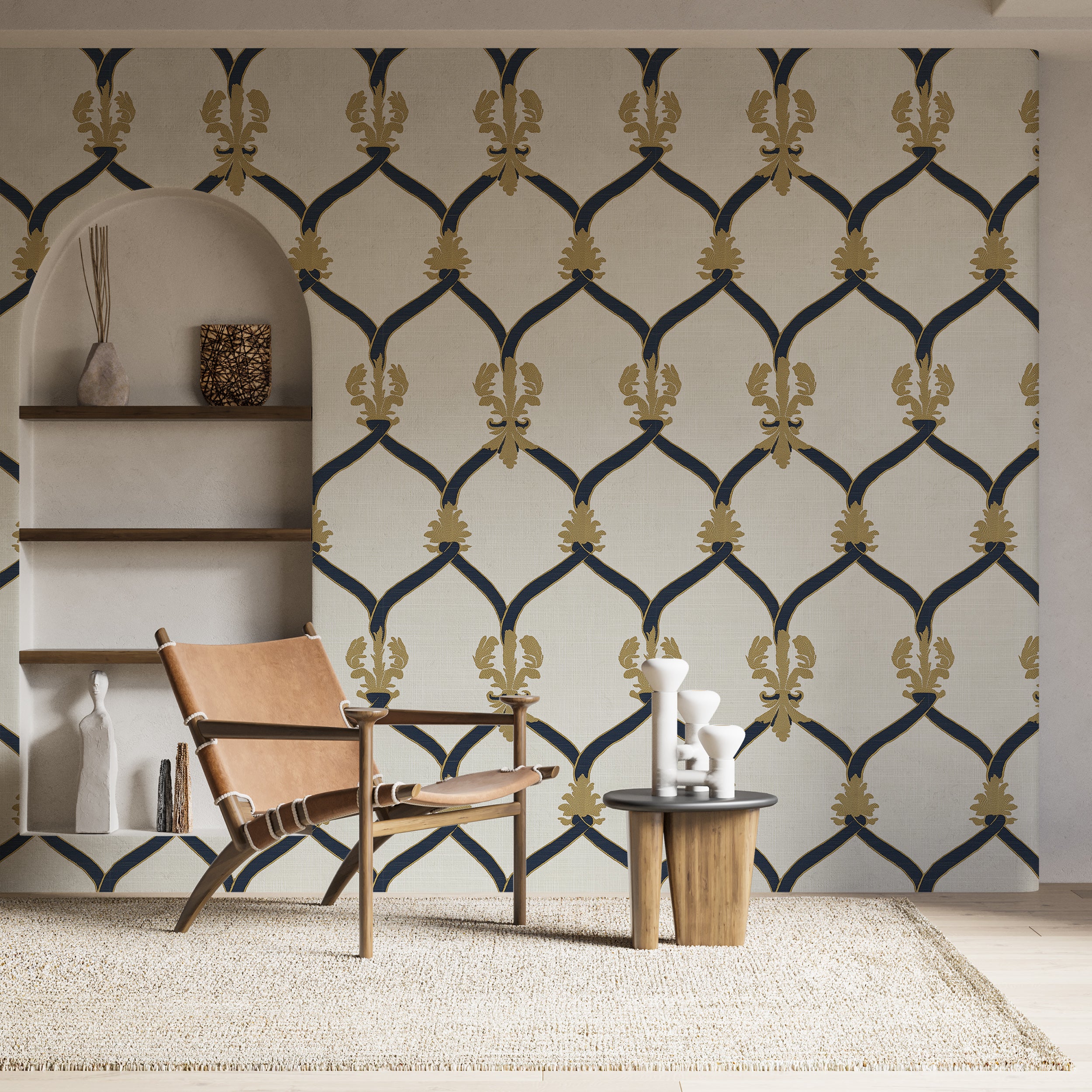 Victorian Classic Wallpaper, Blue and Gold Traditional Pattern on Beige Linen Texture Wall Decor, Peel and Stick Luxury Wallpaper