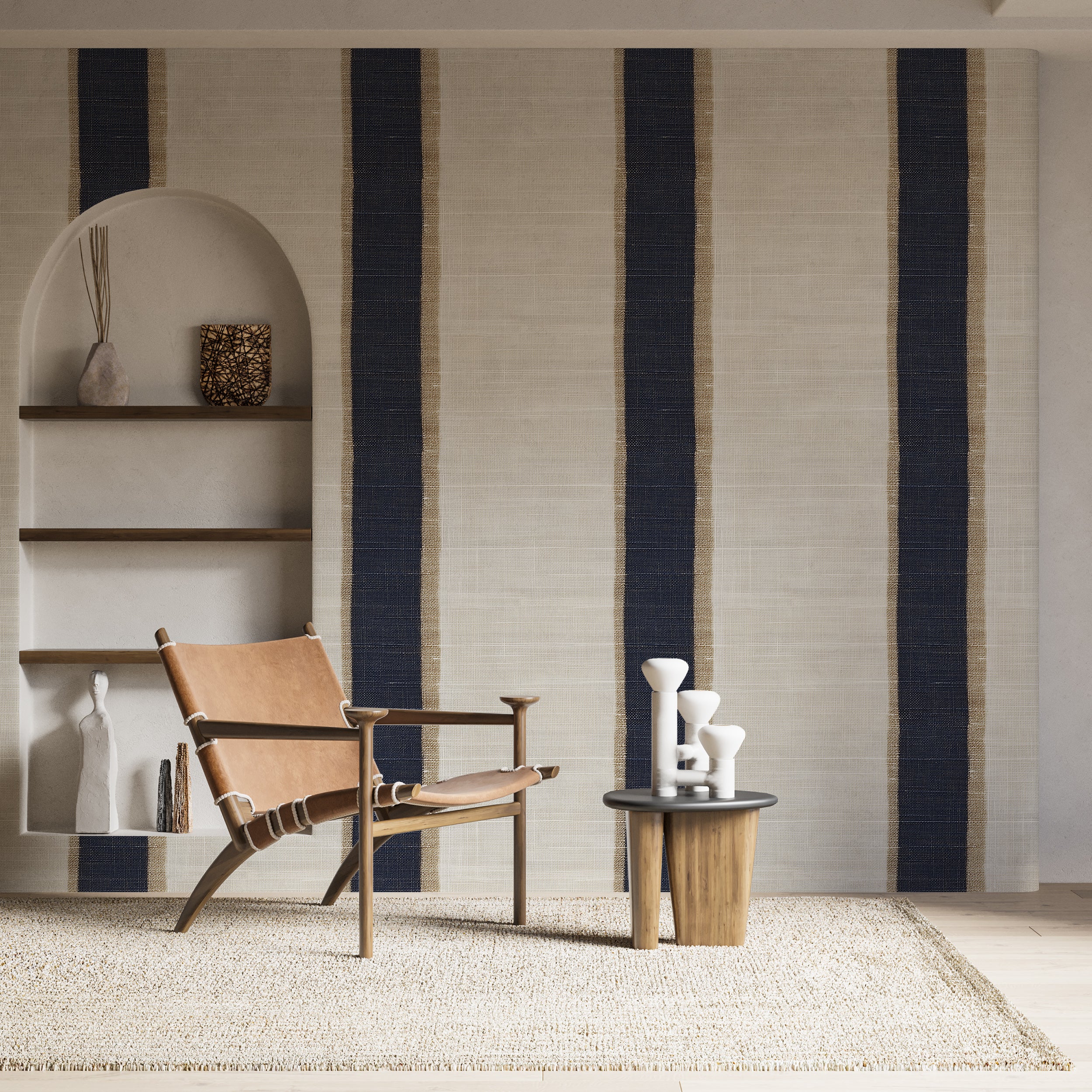 Beige and Blue Wide Stripes Wallpaper, Linen Background Striped Wallpaper, Peel and Stick Timeless Luxury Wall Decor