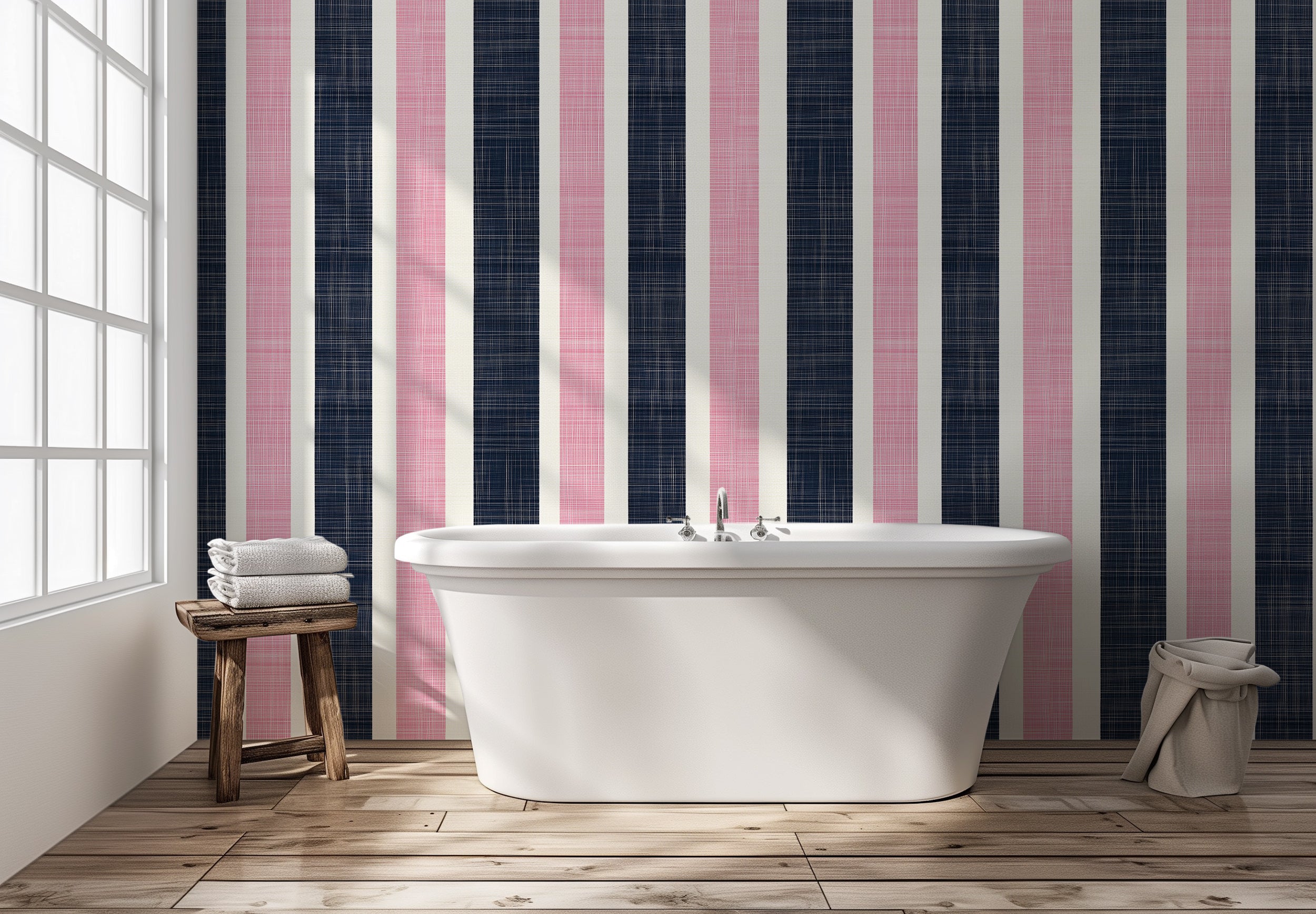 Removable navy white pink wallpaper for home accents
Bold navy white and pink striped wallpaper for fresh decor