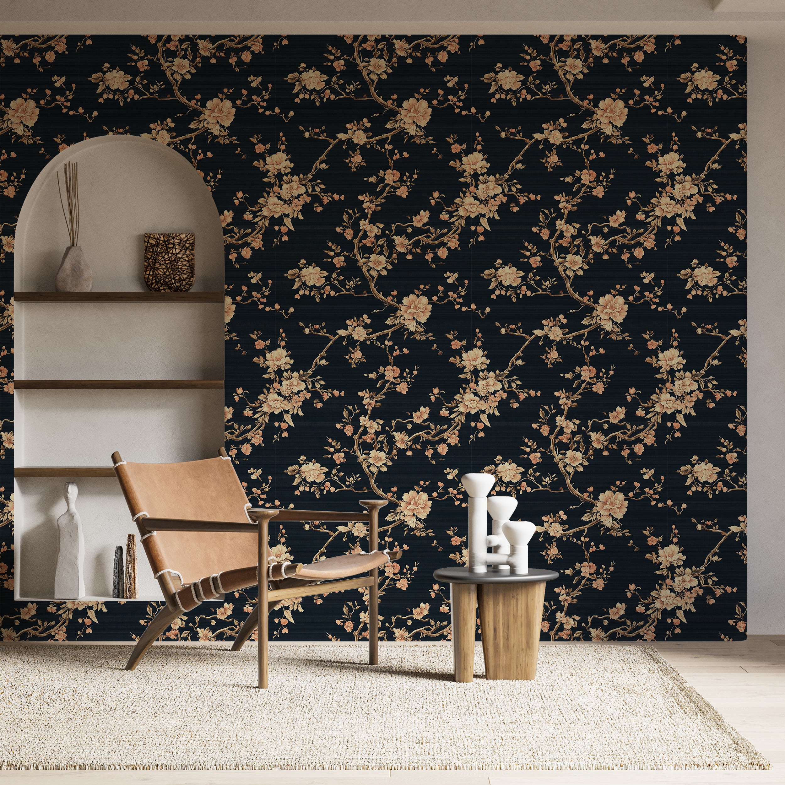 Gold botanical wallpaper for living rooms and dining rooms
Easy-to-remove navy and gold floral wallpaper for classic interiors