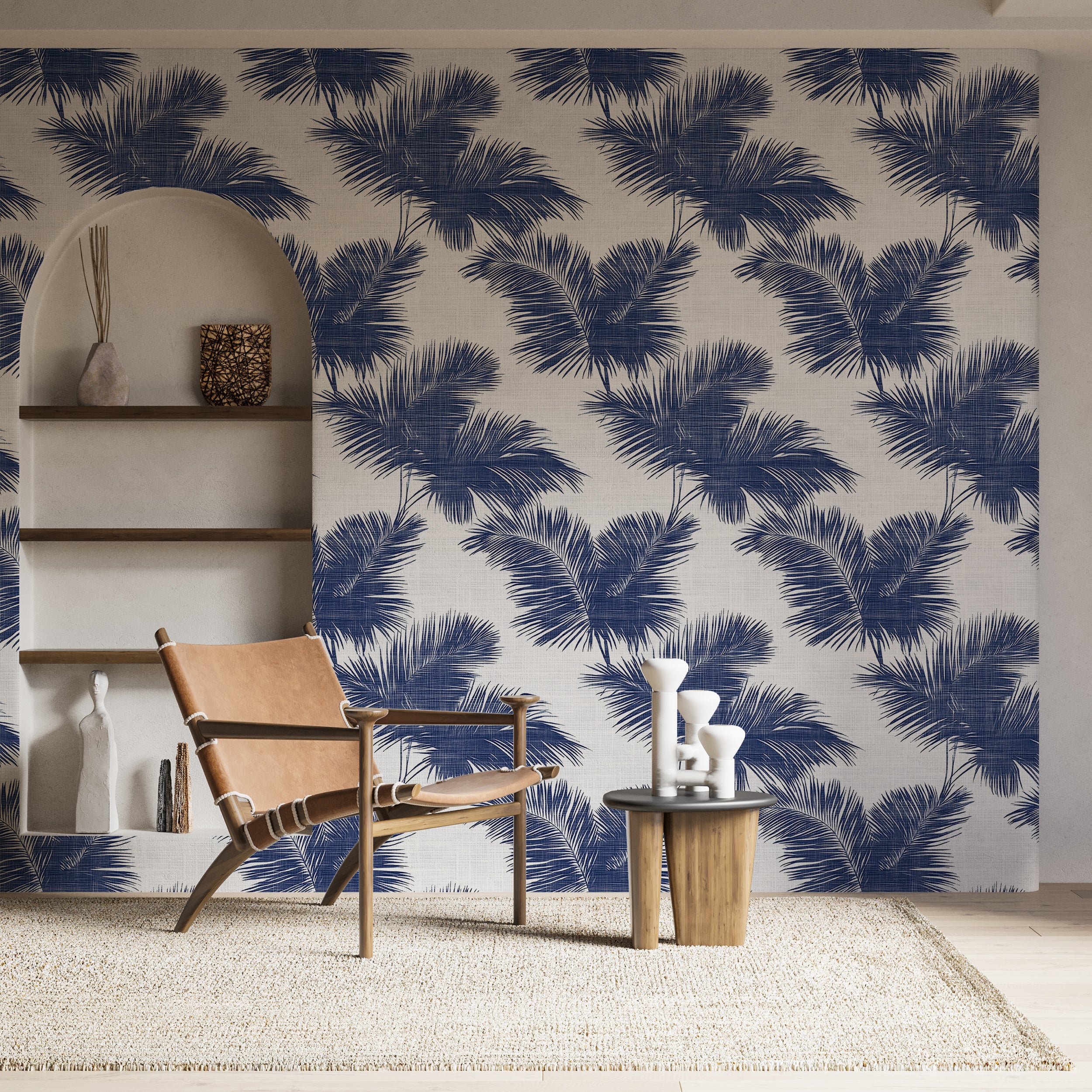 Blue Palm Tree Leaves Wallpaper, Blue and White Tropical Minimalist Wallpaper, Peel and Stick Coastal Wall Decor