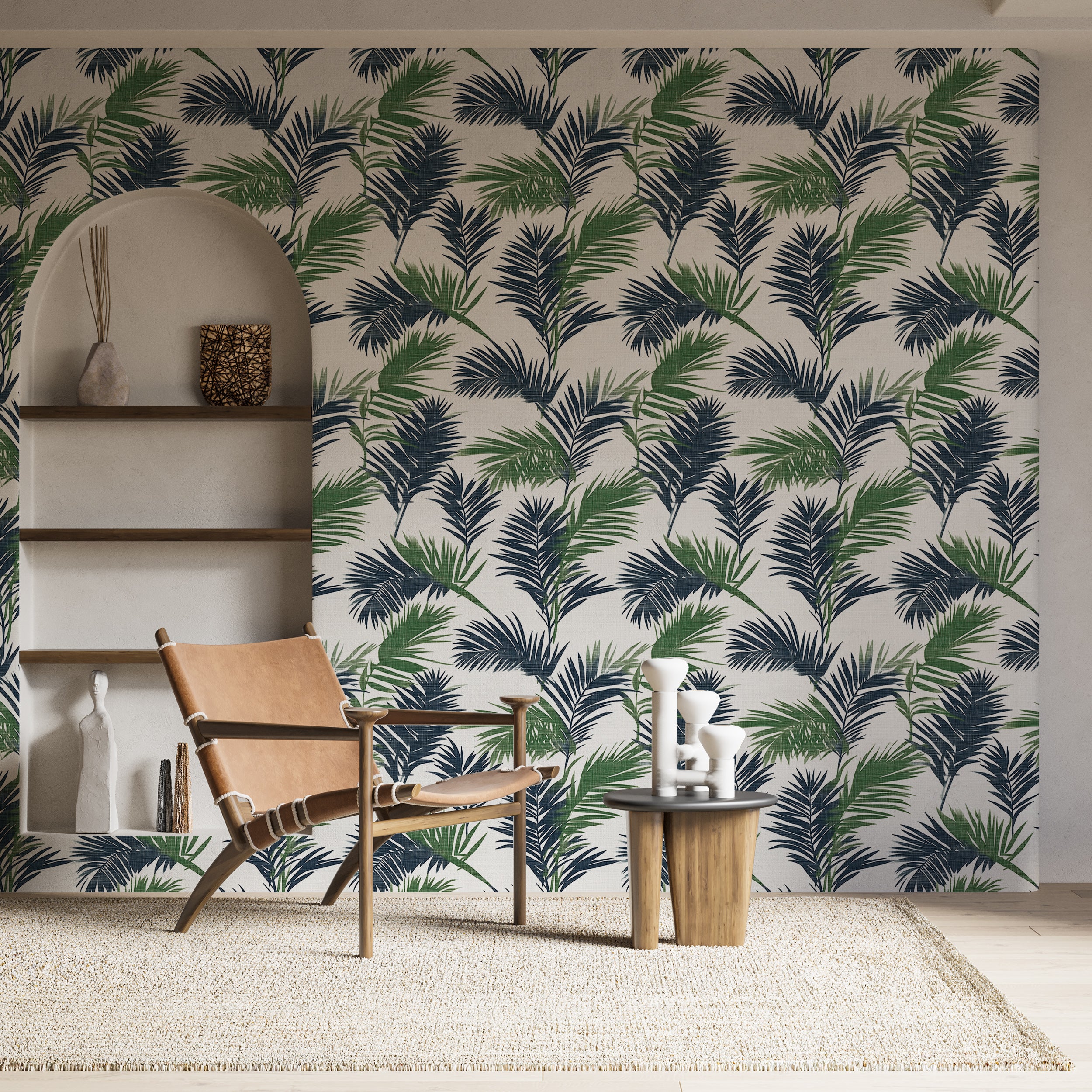 Green and blue tropical wallpaper for beachy living room accents
Botanical palm leaf wallpaper for a bold, tropical statement