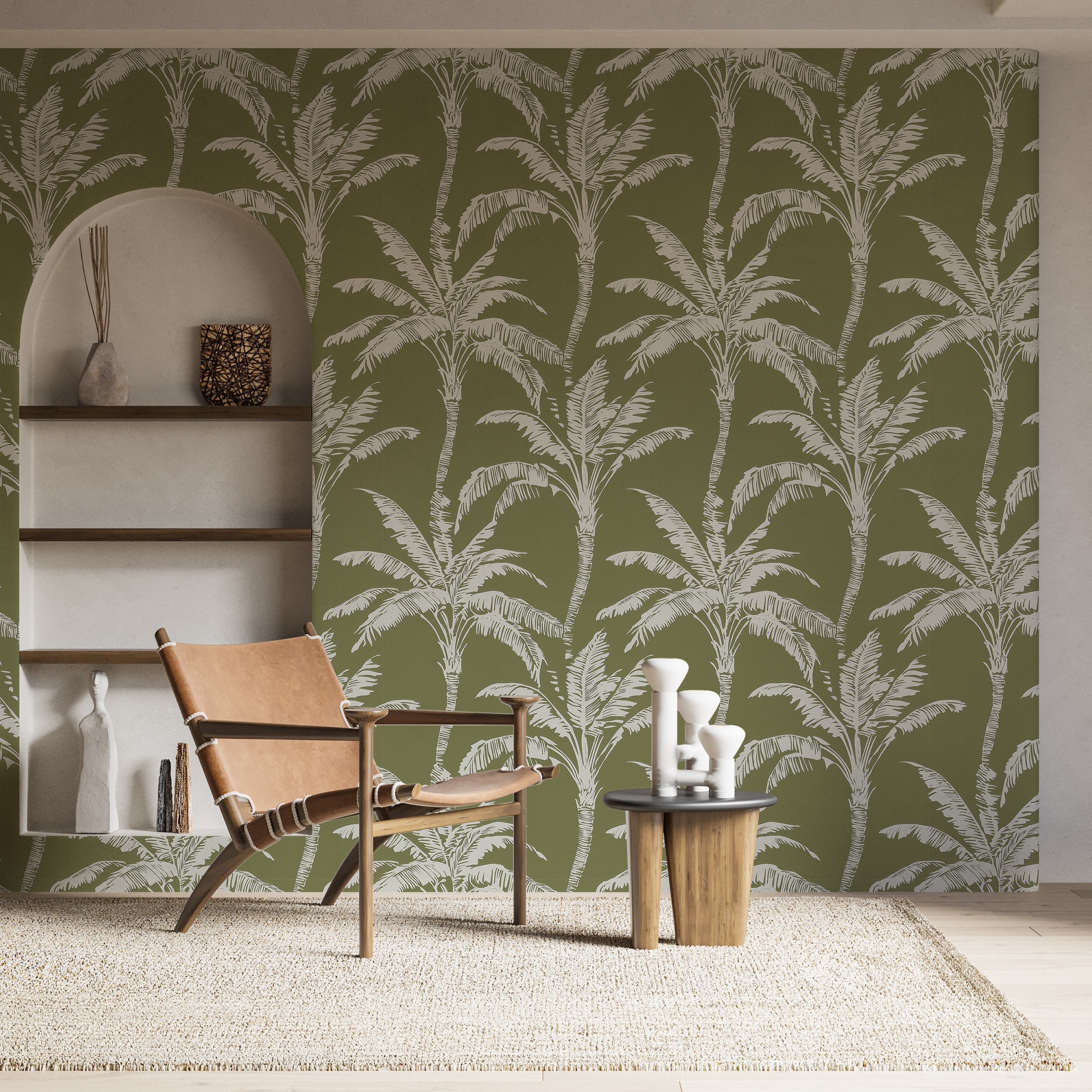 Olive color tropical wallpaper with palm tree pattern
Peel and stick jungle minimalist wallpaper for a calm atmosphere