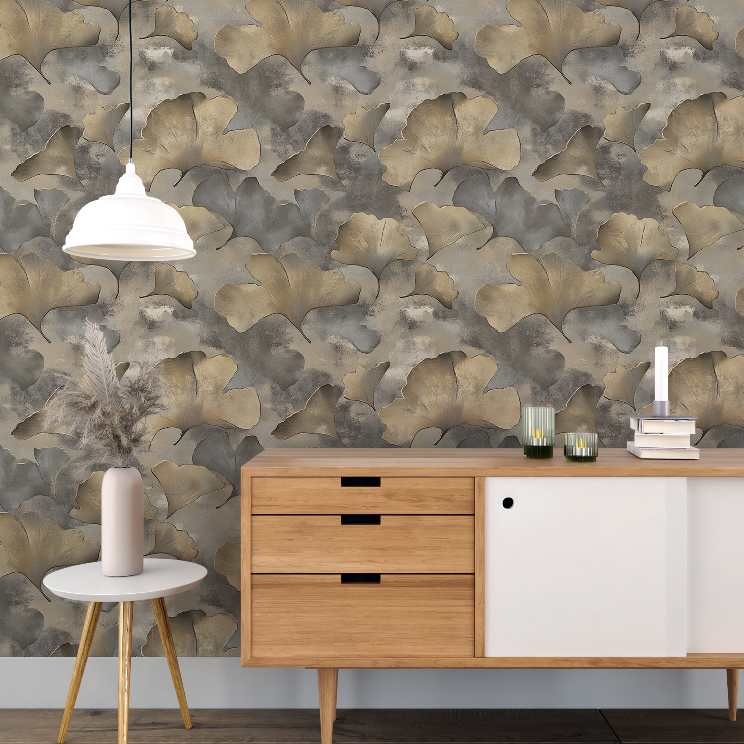 Beige and grey botanical wallpaper for a chic accent wall
Nature-inspired luxury wallpaper with ginkgo leaf pattern