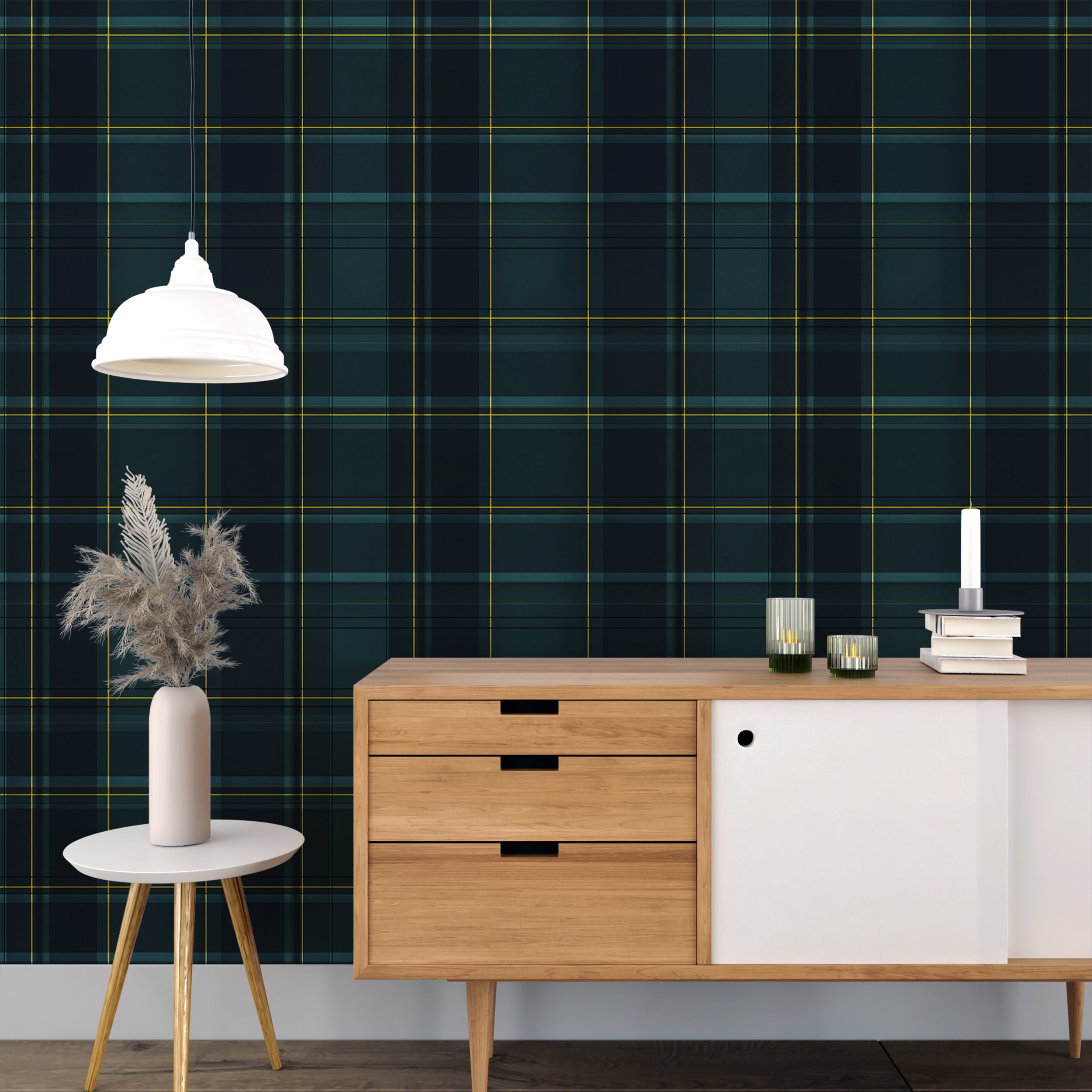 Traditional dark green wallpaper with yellow tartan accents
Easy-to-remove tartan pattern wallpaper for creating a classic vibe