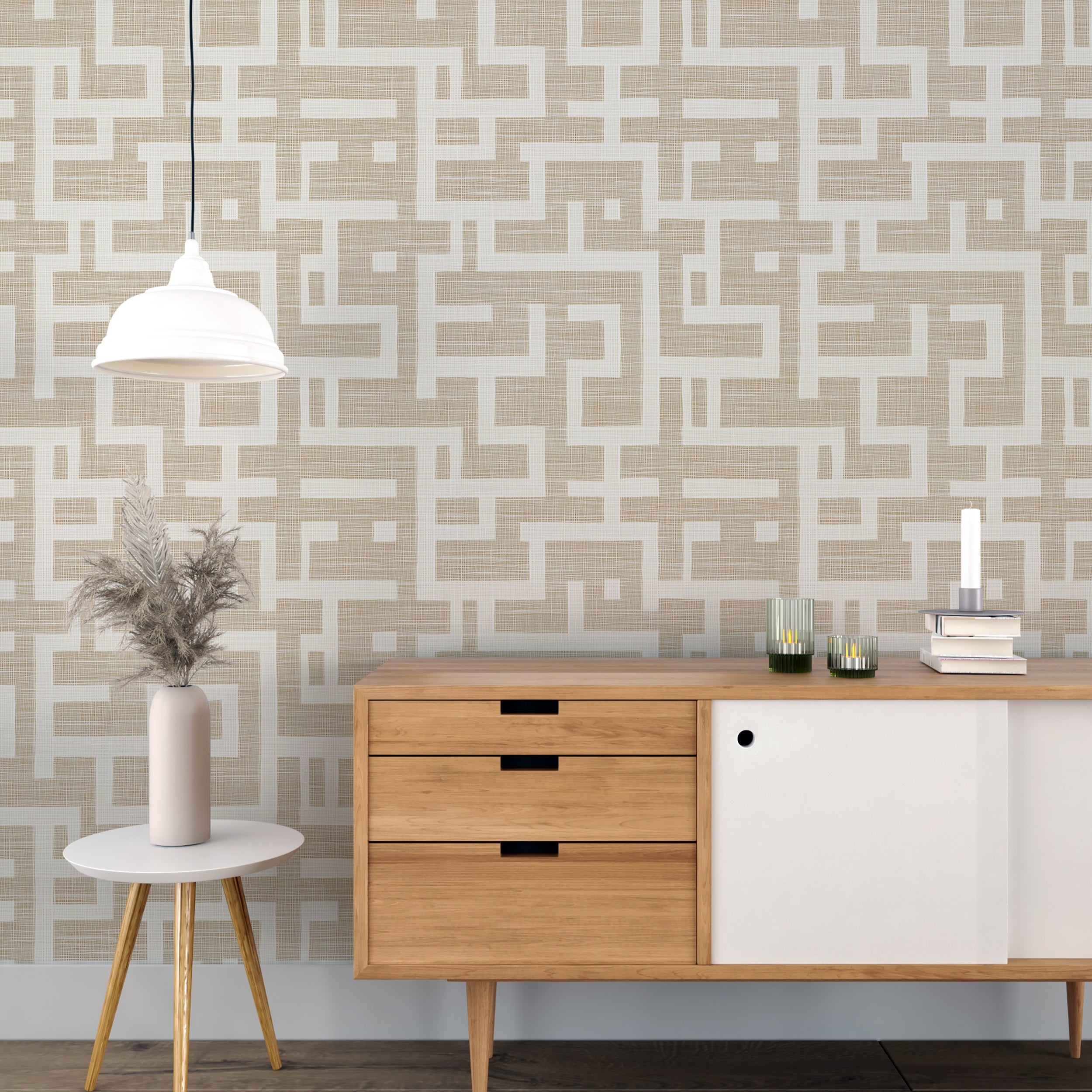 Neutral geometric wallpaper with a linen textile look
Peel and stick beige wallpaper for calming interior decor