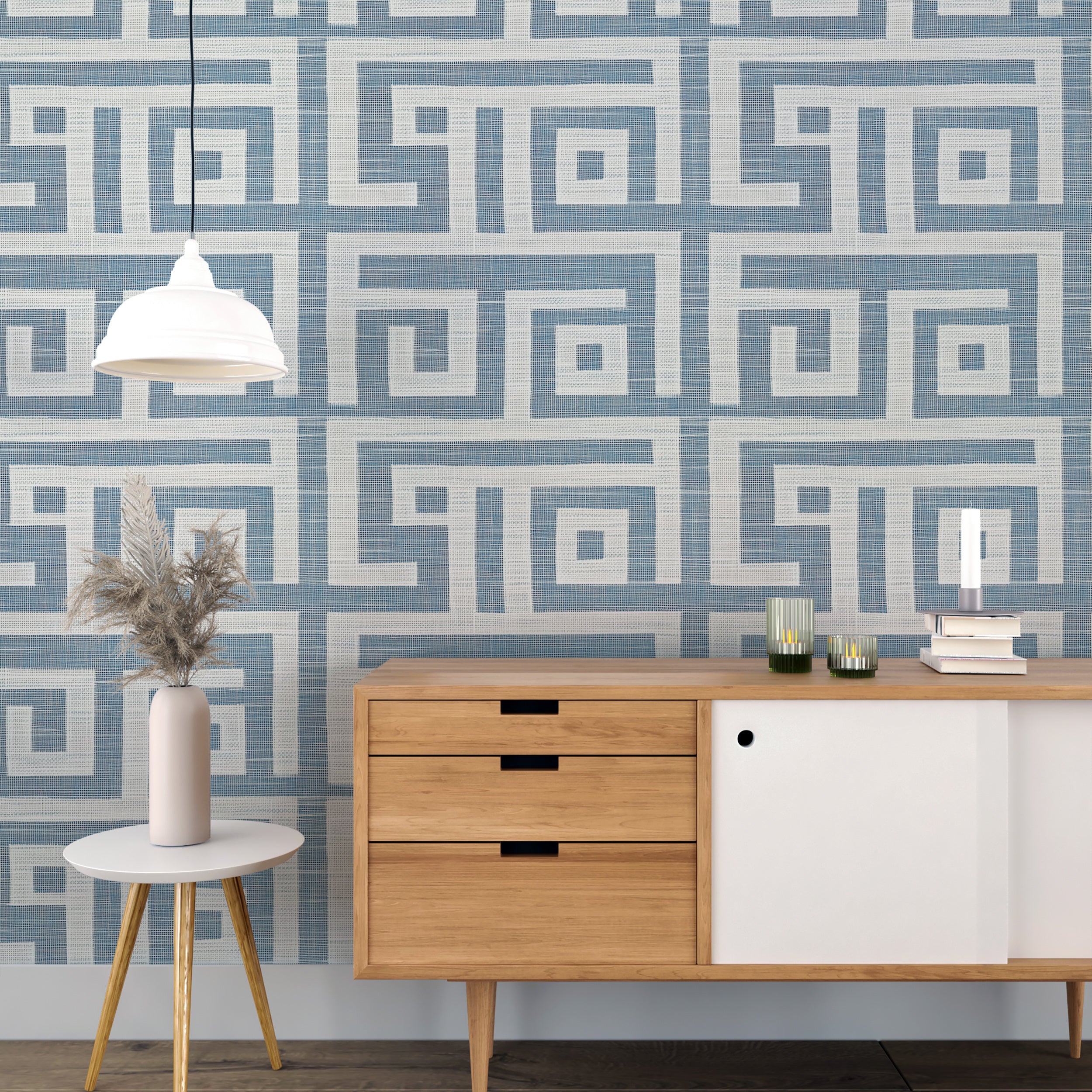 Light Blue and White Greek Wallpaper, Peel and Stick Scandinavian Wall Decor, Blue Geometric Wallpaper