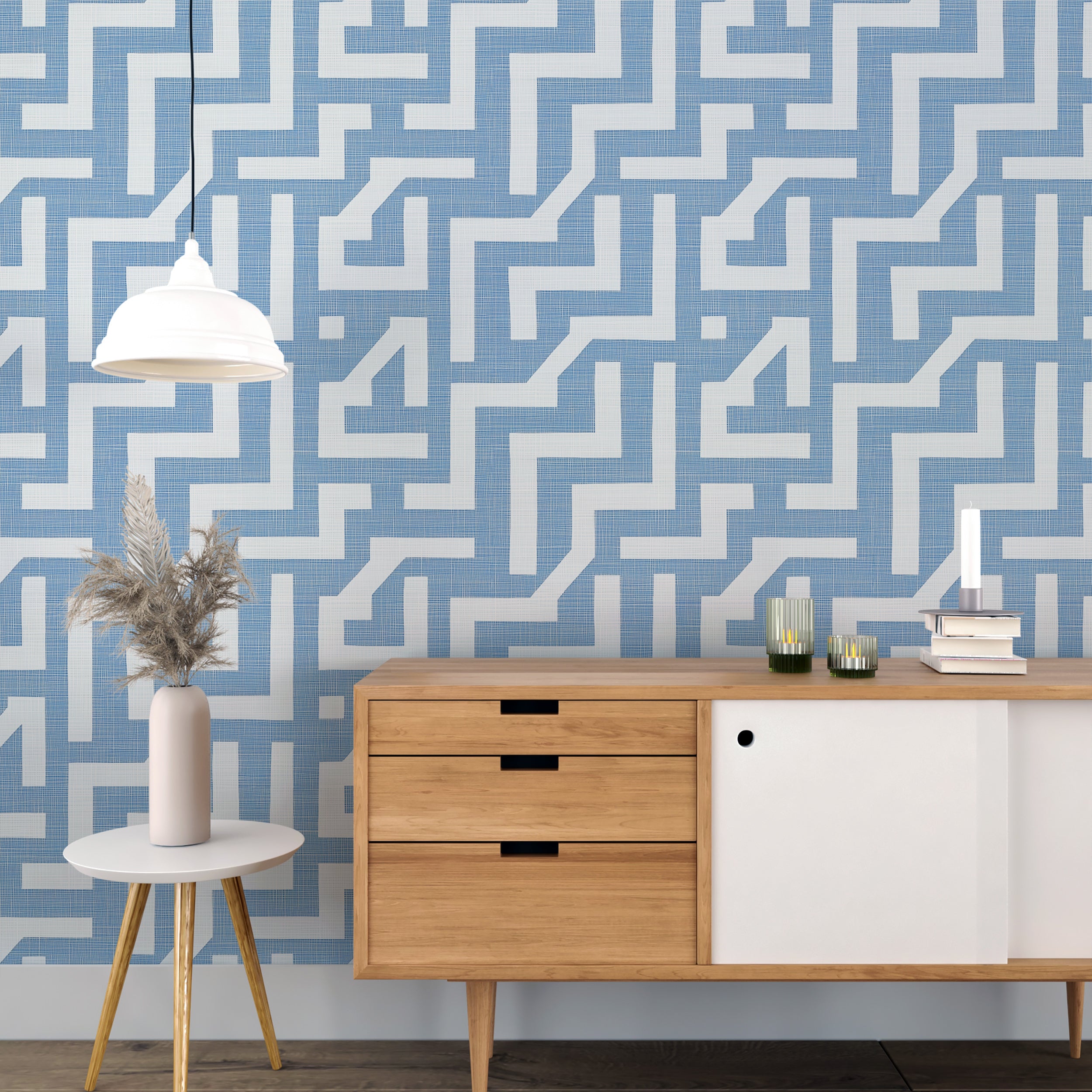 Blue and white linen style line wallpaper for refined decor