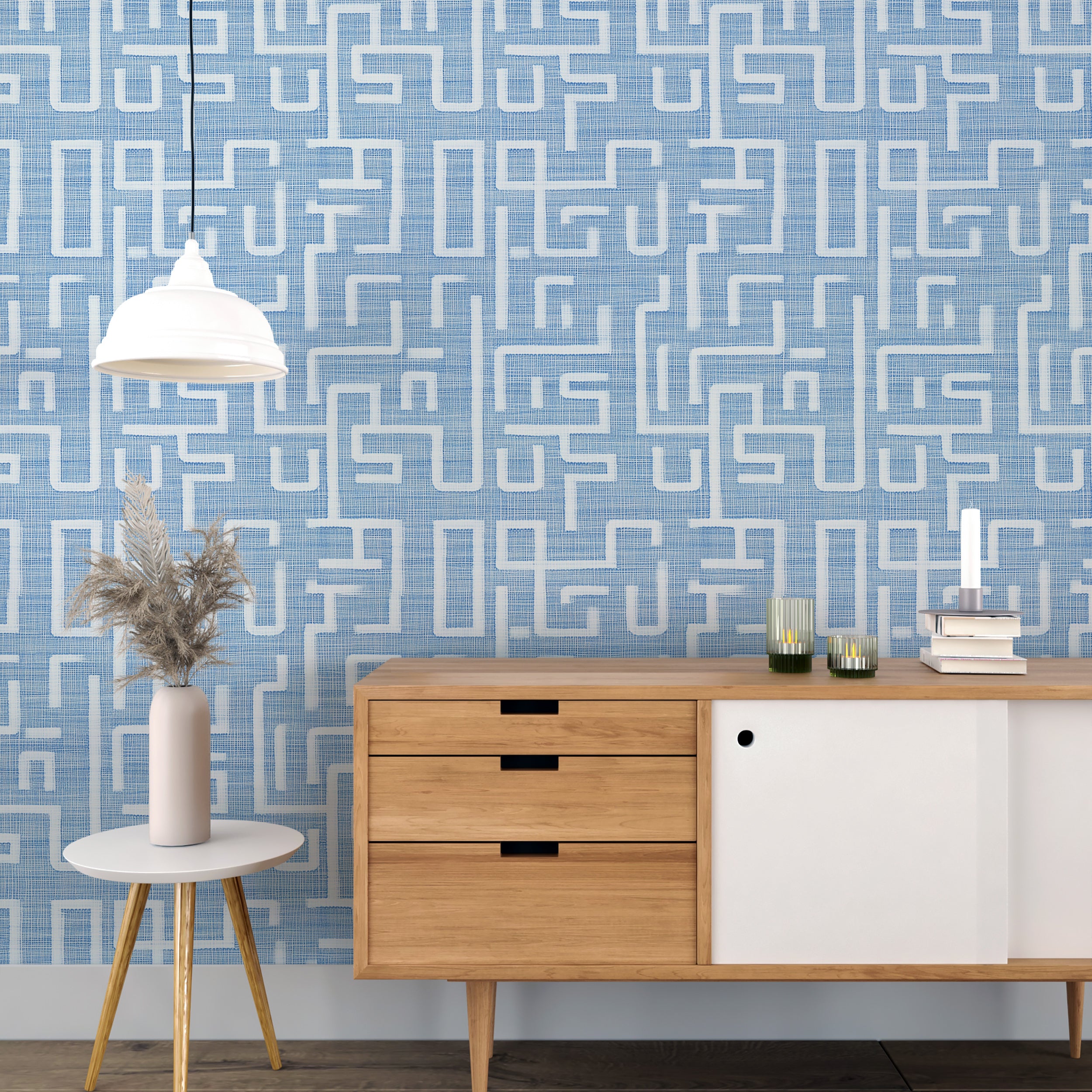 Blue and White Line Art Wallpaper, Classic Geometry Wall Decor, Peel and Stick Soft Blue Linen Style Wallpaper