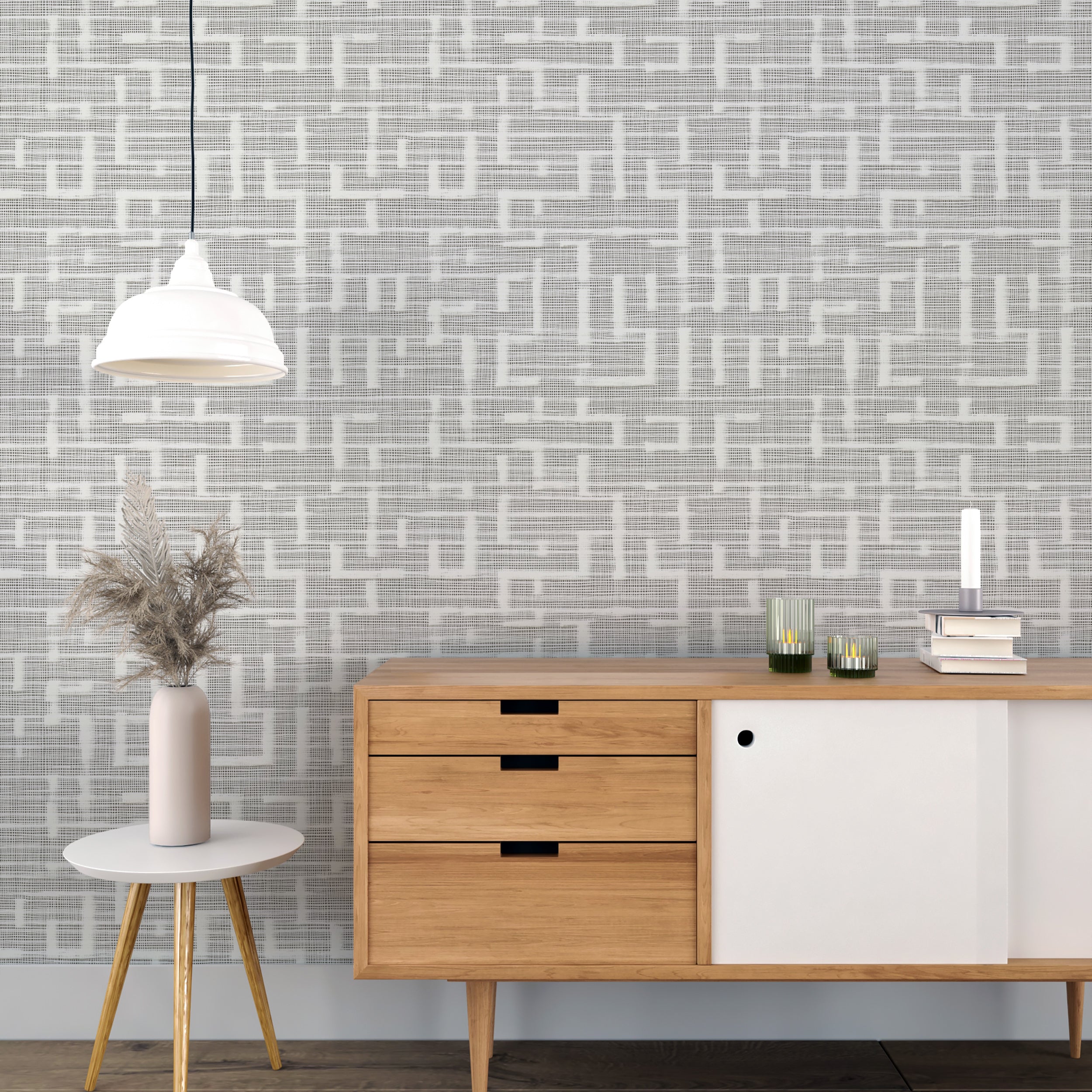 Grey and White Linen Style Greek Geometric Wallpaper, Peel and Stick Light Minimalist Neutral Wall Covering