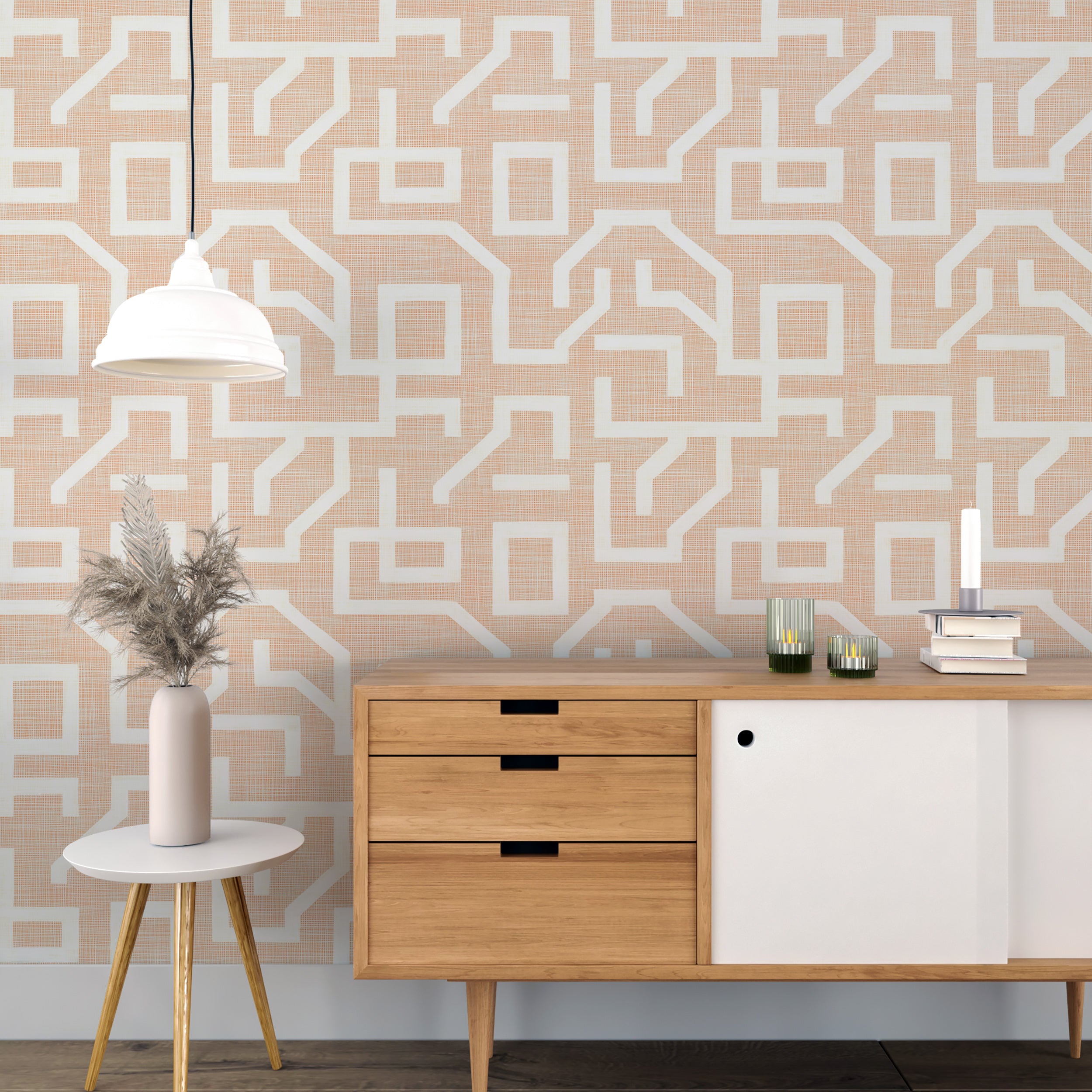 Light Peach and White Linen Greek Wallpaper, Neutral Geometric Wallpaper, Peel and Stick Lines Wall Covering