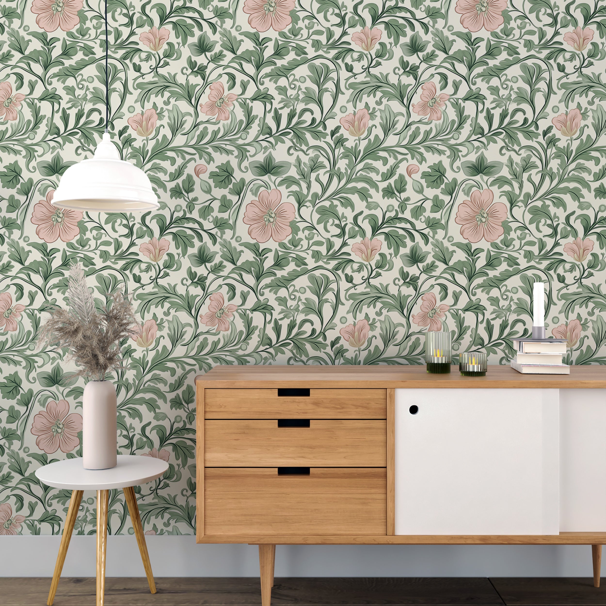 Easy-to-remove floral wallpaper with a timeless design
Elegant pink and green wallpaper with botanical patterns