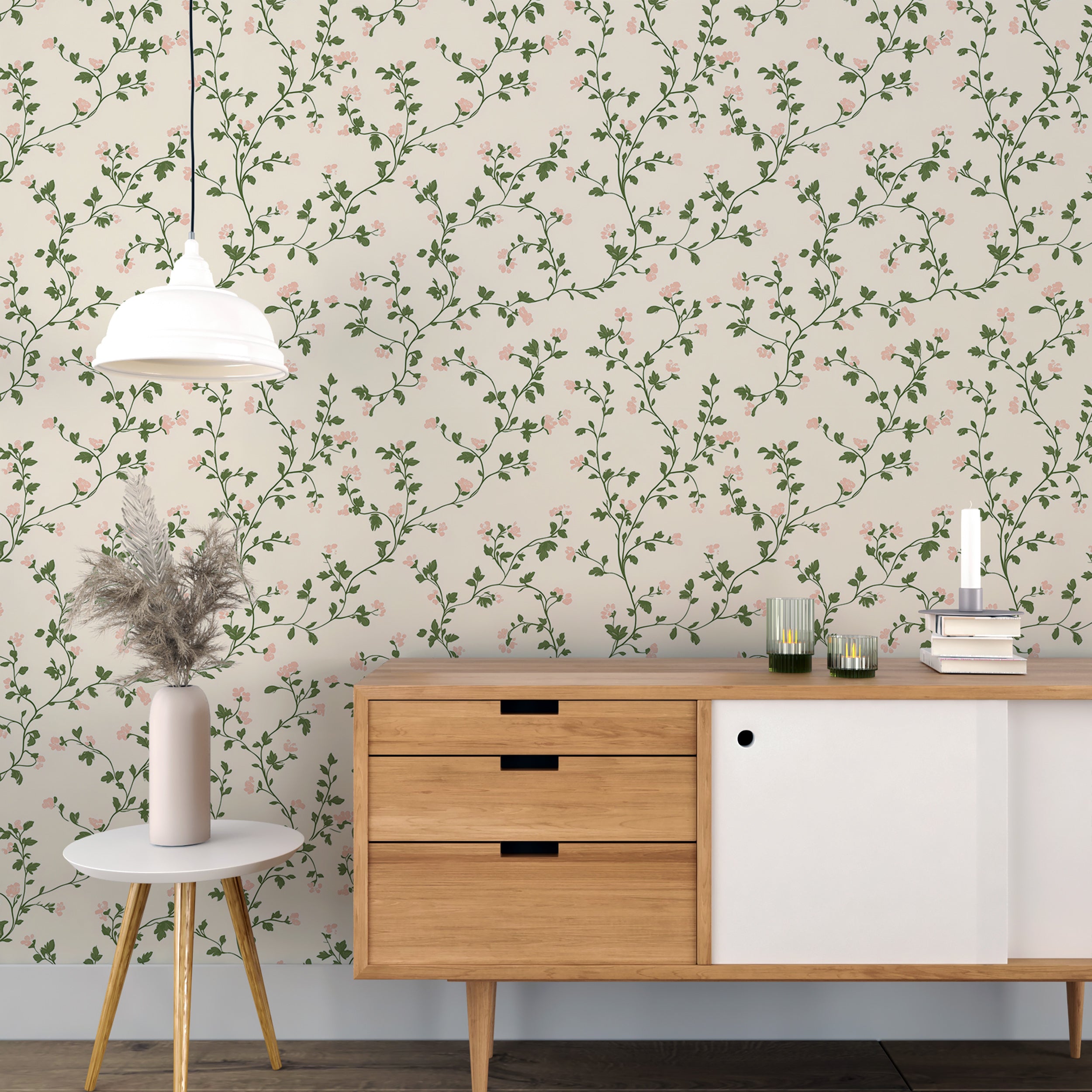 Minimalist Botanical Wallpaper, Beige Floral Removable Wallpaper, Small Flowers Country Peel and Stick Wallpaper