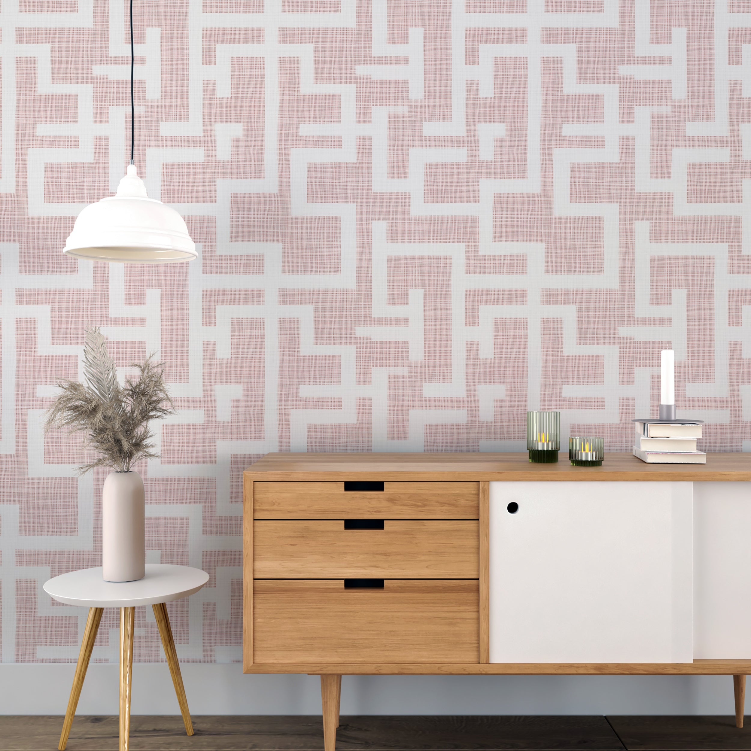 White Vertical and Horizontal Lines on Light Pink Background Wallpaper, Peel and Stick Geometry Greek Decor