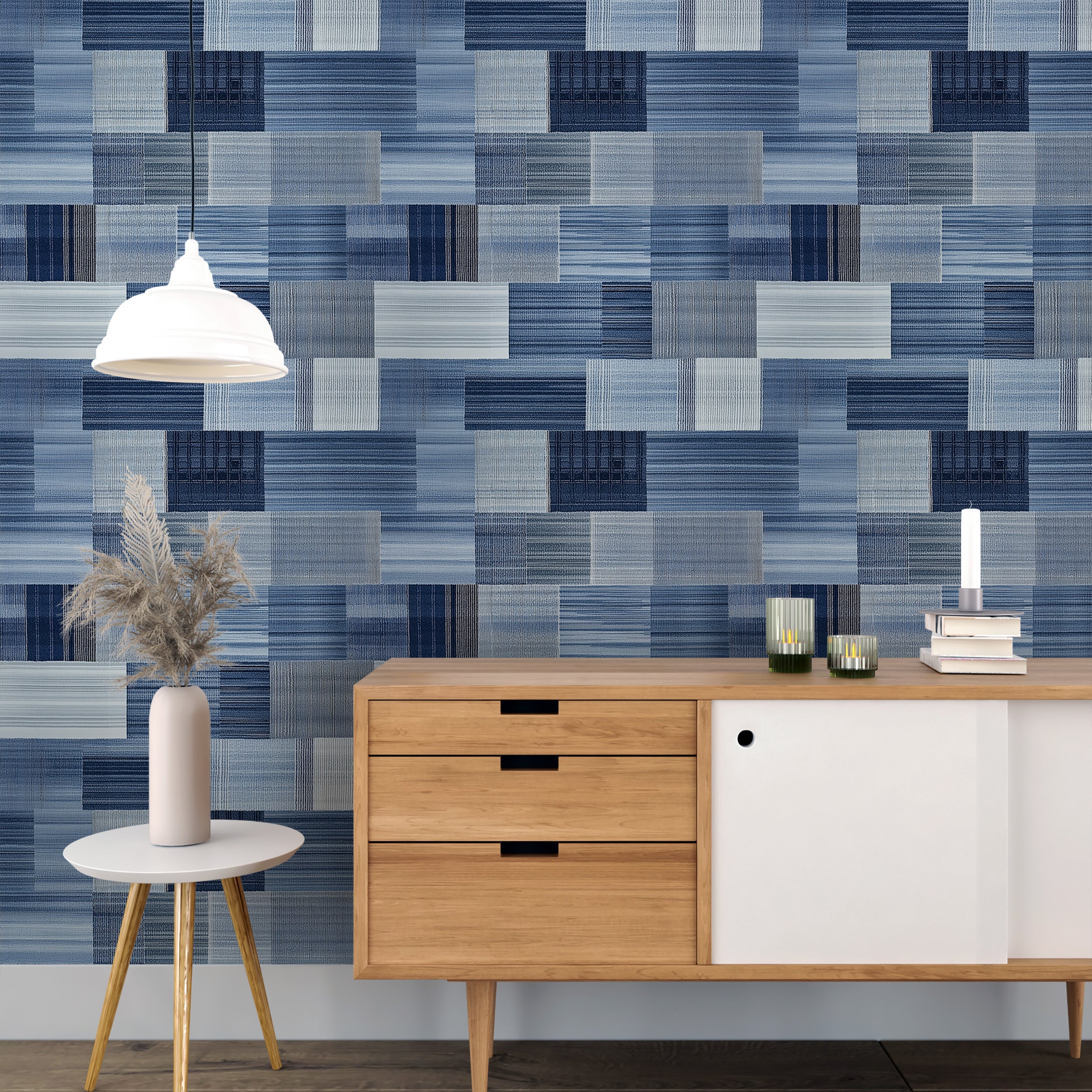 Blue Contemporary Wallpaper, Peel and Stick Blue Geometry Modern Wallpaper, Removable Blue Squares Decor