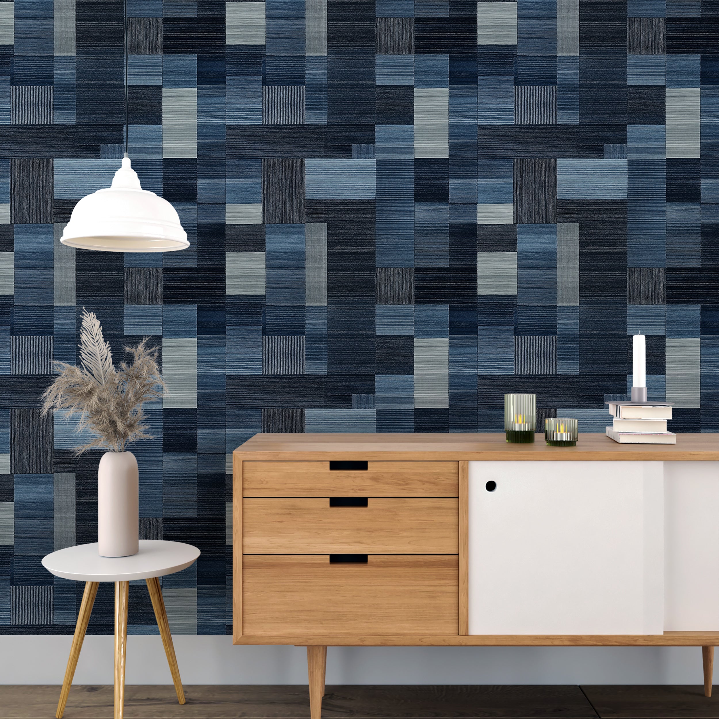 Dark Blue and Grey Squares Contemporary Wallpaper, Peel and Stick Geometric Scandinavian Wallpaper