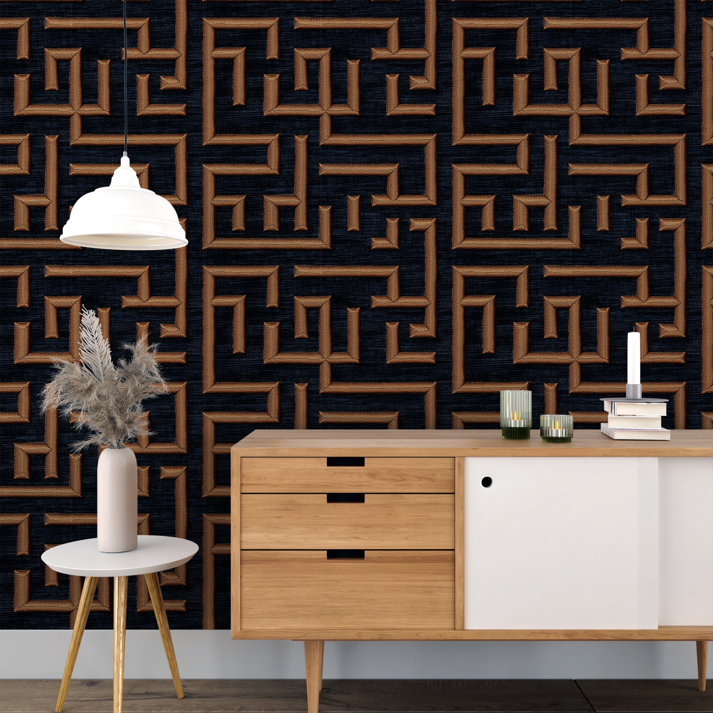 Navy Blue and Gold Key Pattern Wallpaper, Peel and Stick Dark Geometrical Wallpaper