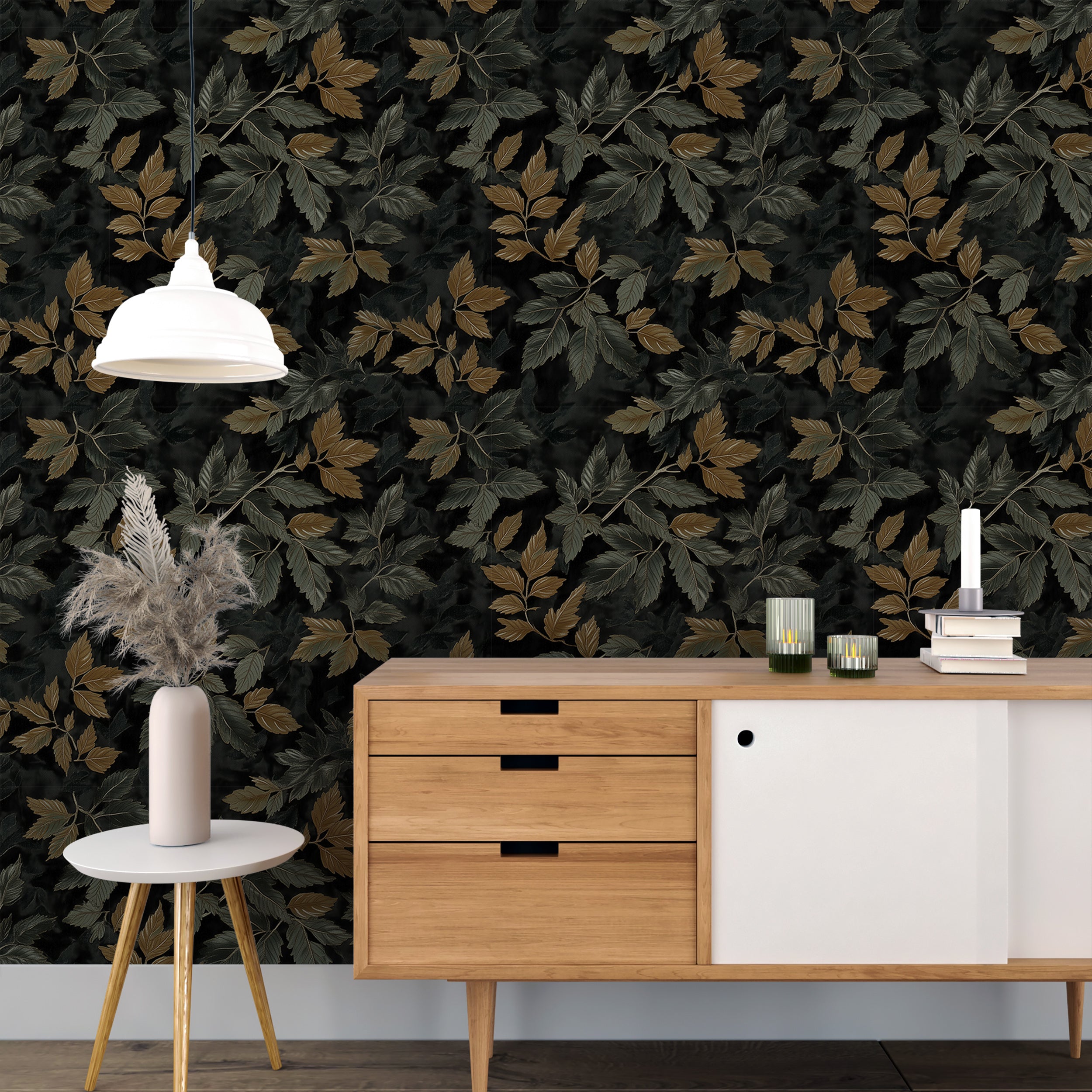 Dark Forest Leaves Pattern Wallpaper, Peel and Stick Dark Green Botanical Wall Decor