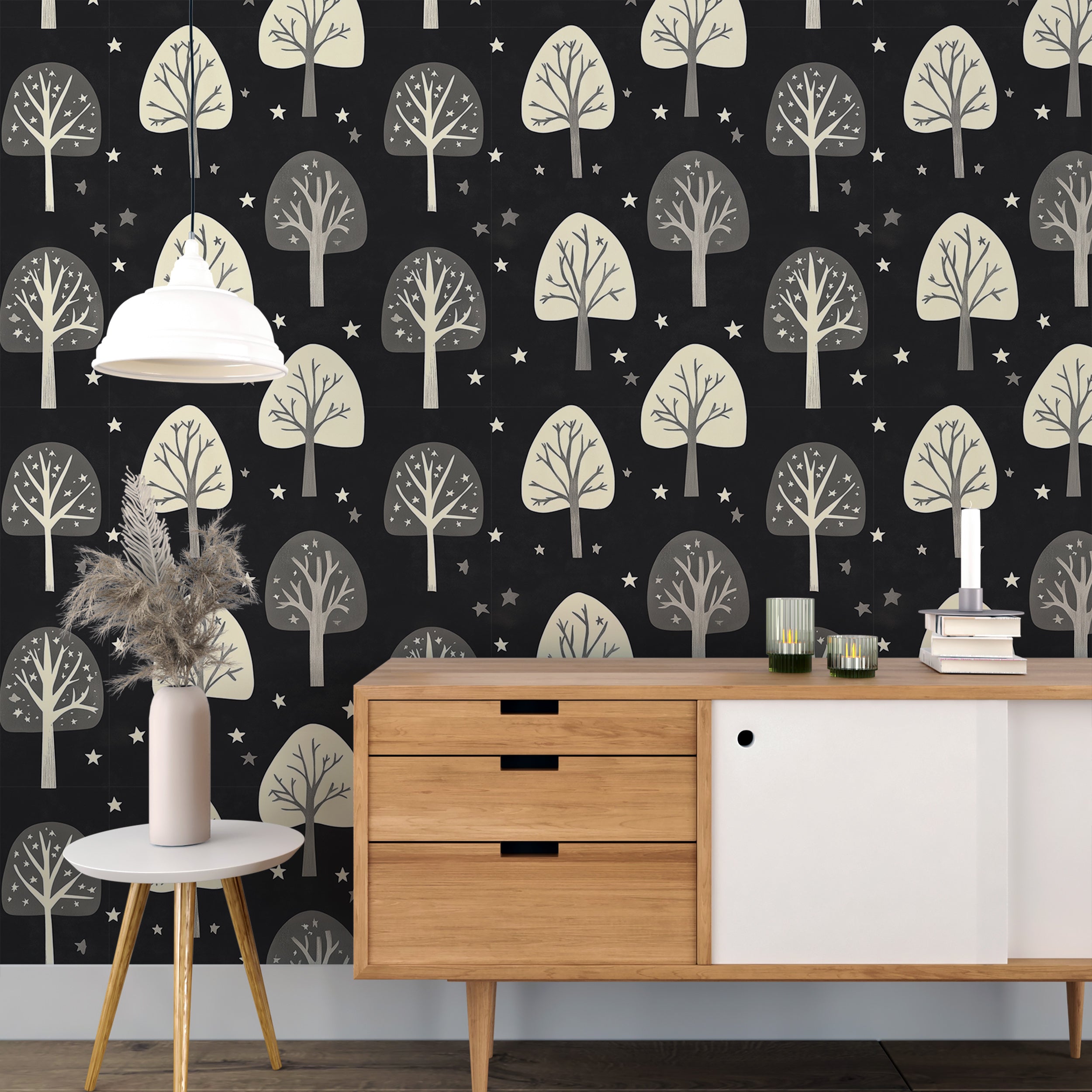 Beige trees on dark background wallpaper for forest decor
Peel and stick dark forest wallpaper with trees and stars