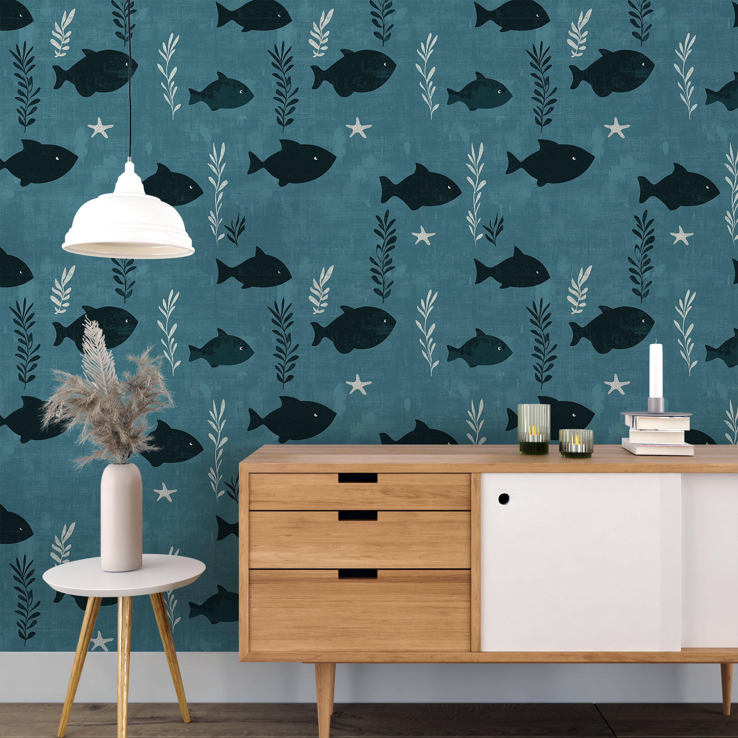 Dark teal wallpaper with fish and star details
Underwater-themed wallpaper for playrooms and nurseries