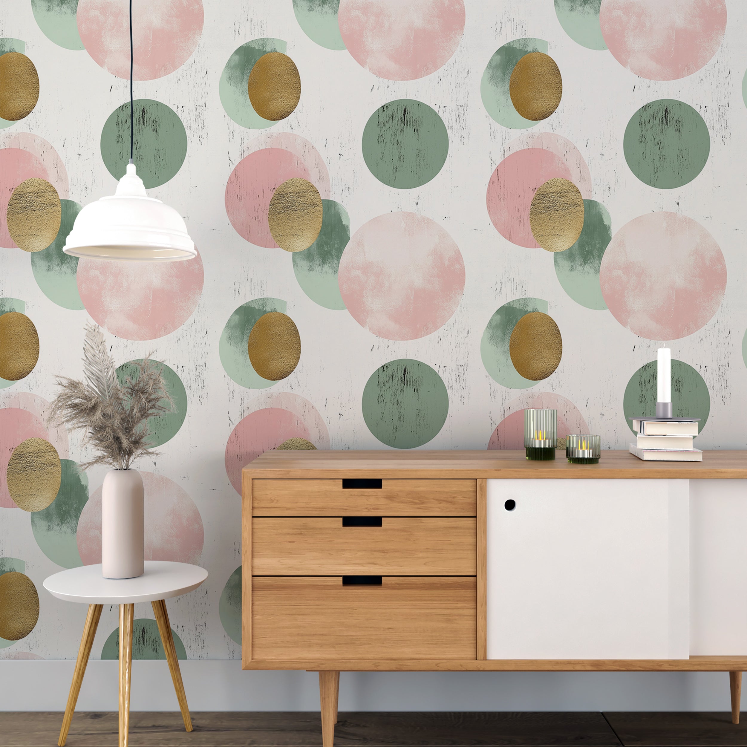 Pink Green and Gold Circles Wallpaper, Mid Century Geometric Wall Decor, Peel and Stick Large Dots Wall Covering