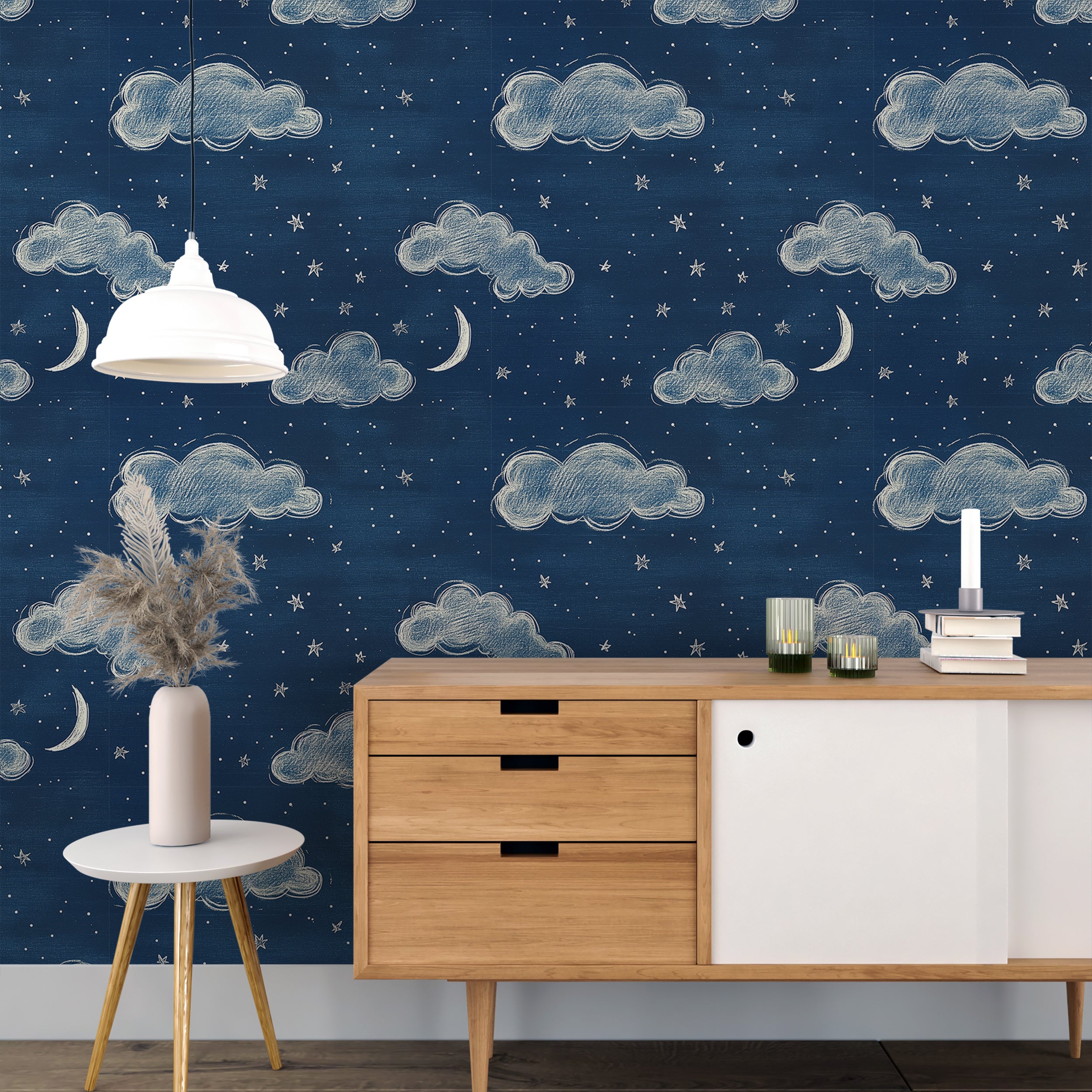 Starry Night Wallpaper, Nursery Clouds and Stars Wallpaper, Removable Dark Blue and White Starry Sky Wall Decor