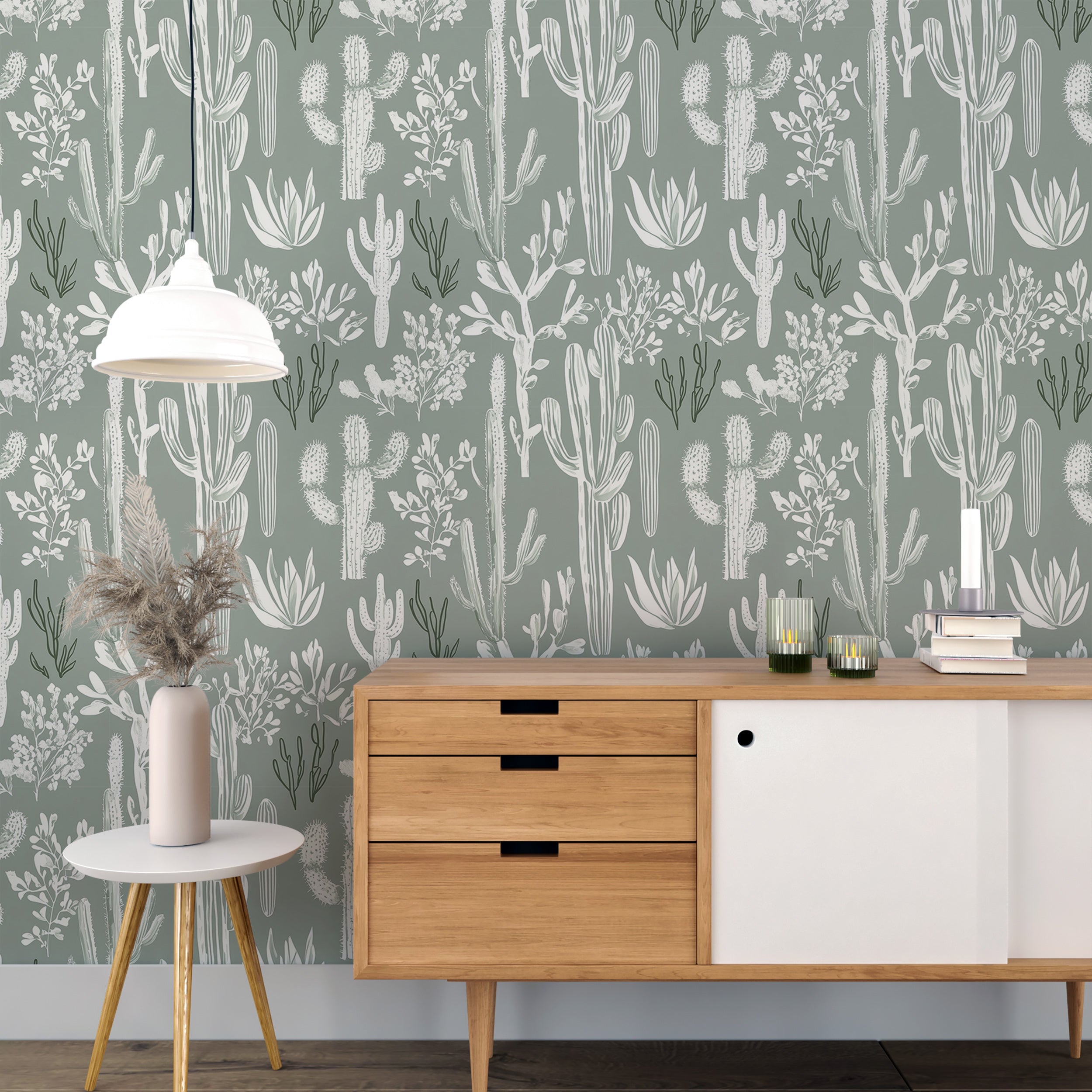 Muted Green and White Cactus Pattern Wallpaper, Desert Plants Wall Decor, Peel and Stick Texas Botanical Wallpaper