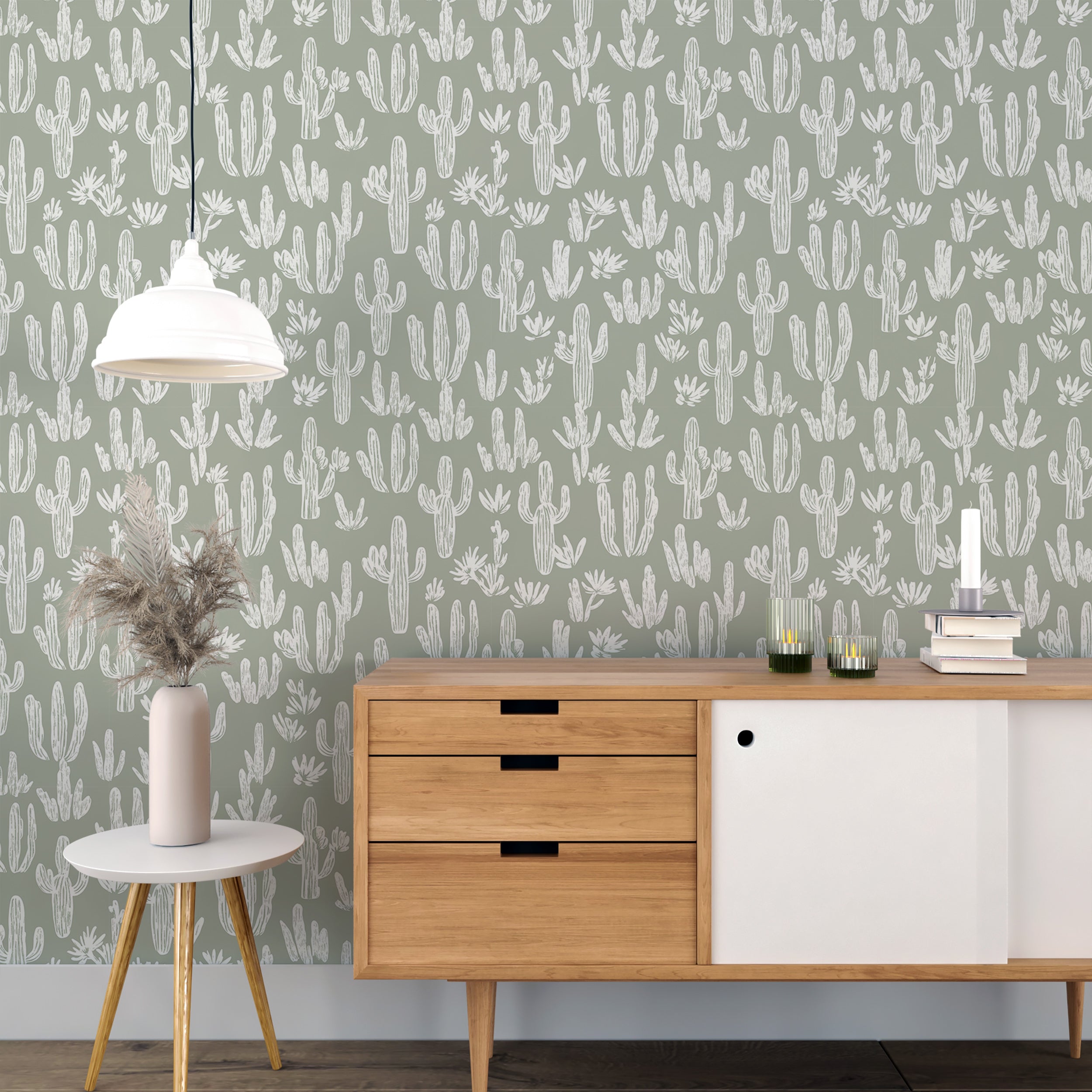 Cactus Pattern Wallpaper, Green and White Plants Wall Decor, Desert Themed Peel and Stick Wallpaper